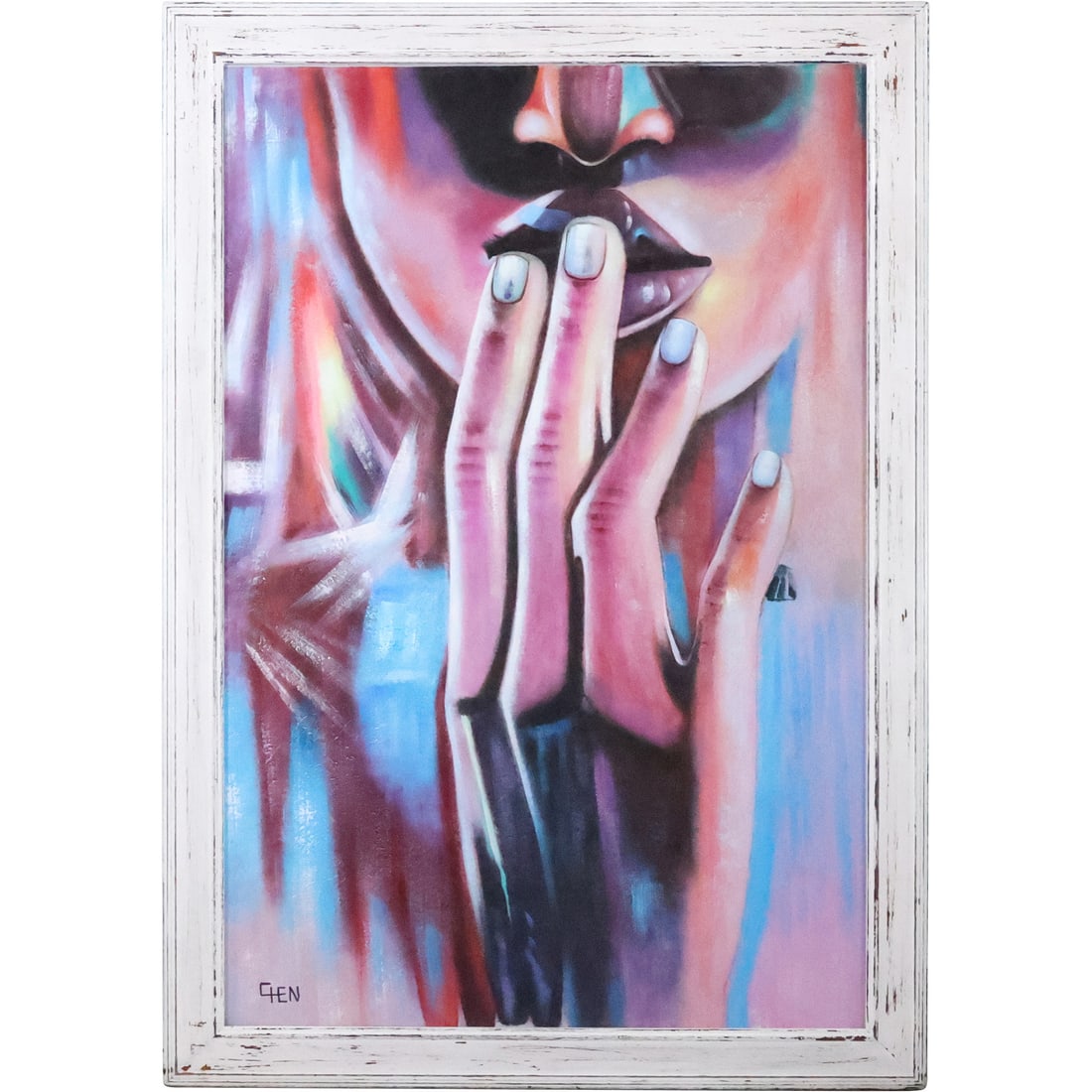 Signed CHEN, Fine 20th C. Oil on Board Painting Woman's Face with Hands at Lips, Framed (1 of 20)