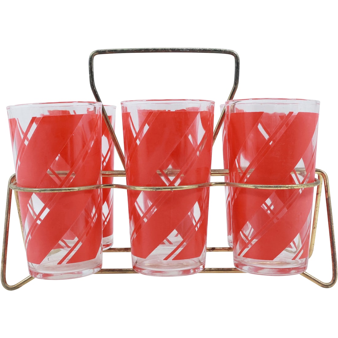 Mid-Century Modern Set of 6 Red Swirl Glasses with Gold Carrying Caddie (1 of 20)