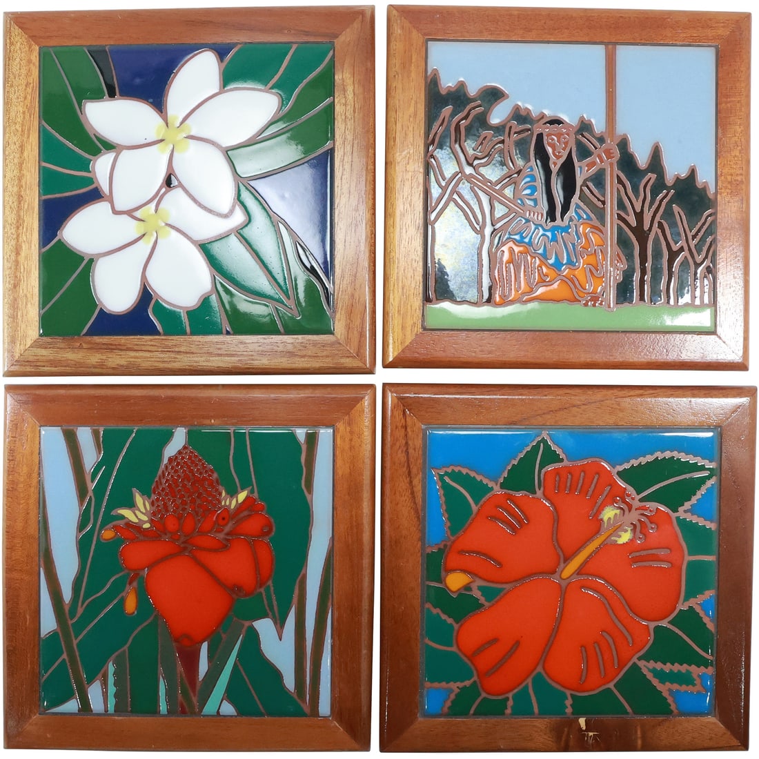 4 Assorted Kala Koa Tiles of Hawaii, Art Tile Trivets, Jeffrey Chee, 7.75 in. diameter: 4 Assorted Kala Koa Tiles of Hawaii, Art Tile Trivets, Jeffrey Chee size: 1.25 in. x 7.75 in.