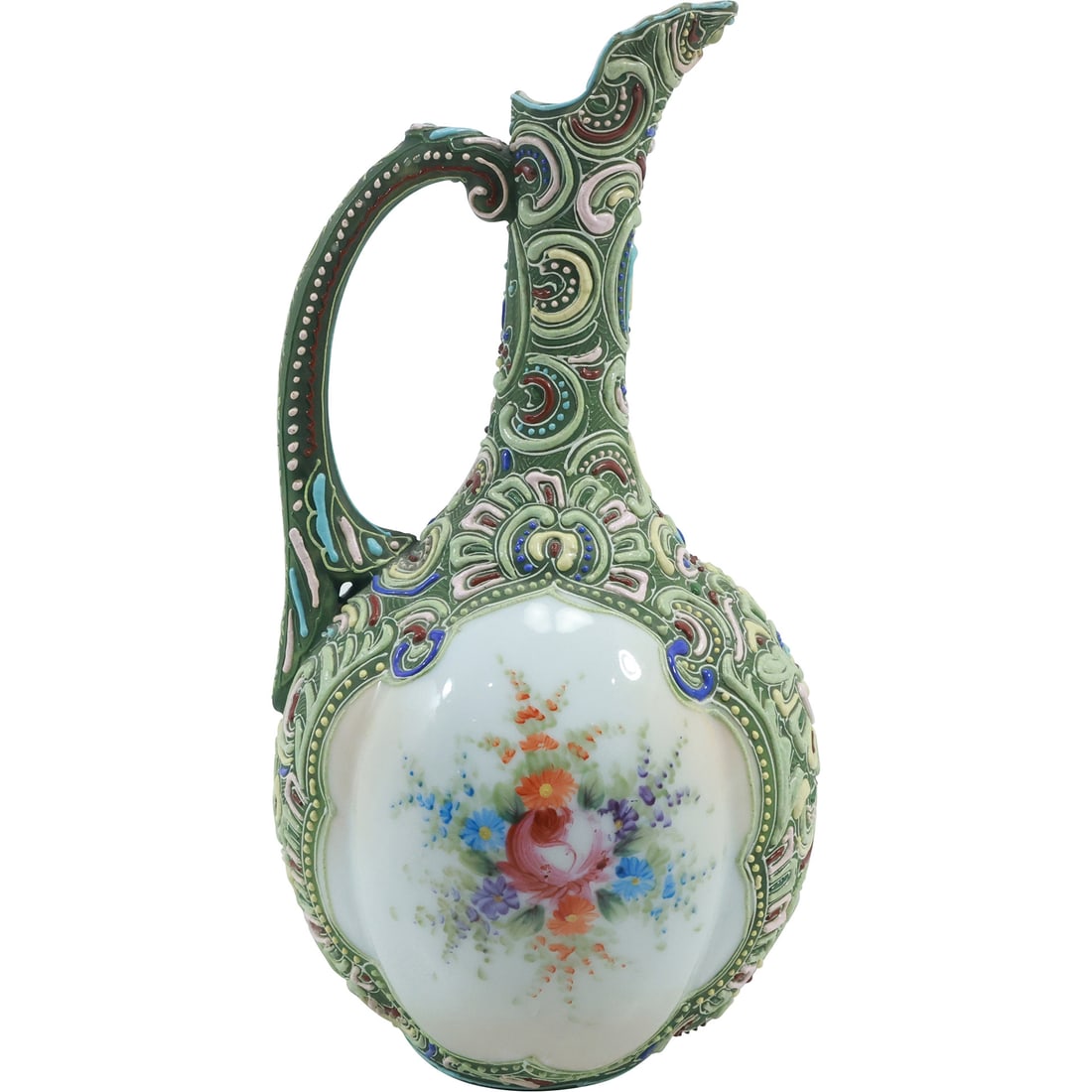 Circa 1920s Moriage Porcelain Ewer Pitcher with Hand Painted Flowers Panel 9.25 in. height (1 of 20)