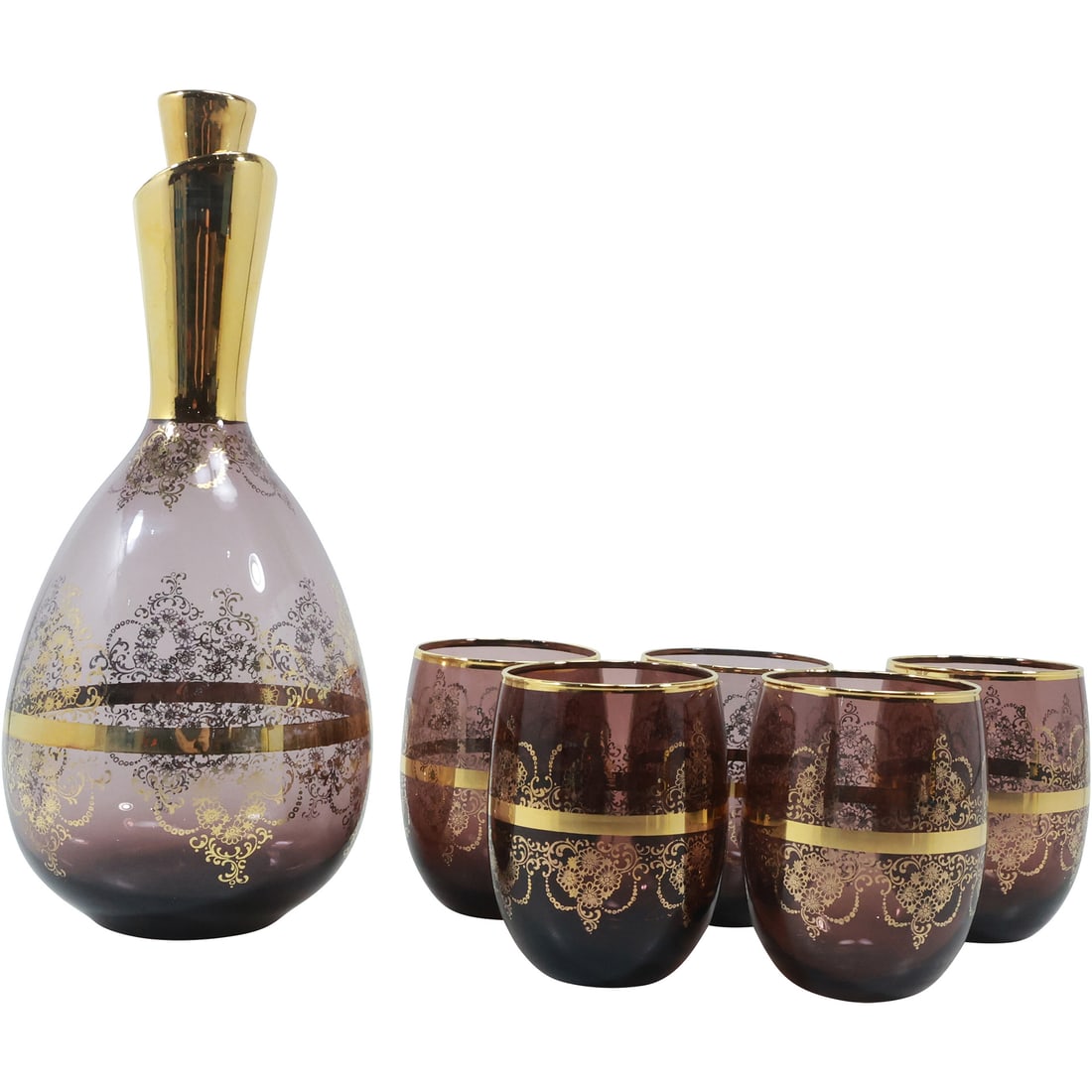 Amethyst Murano Glass Decanter Set with 5 Cordial Cups, Gold Decoration (1 of 20)