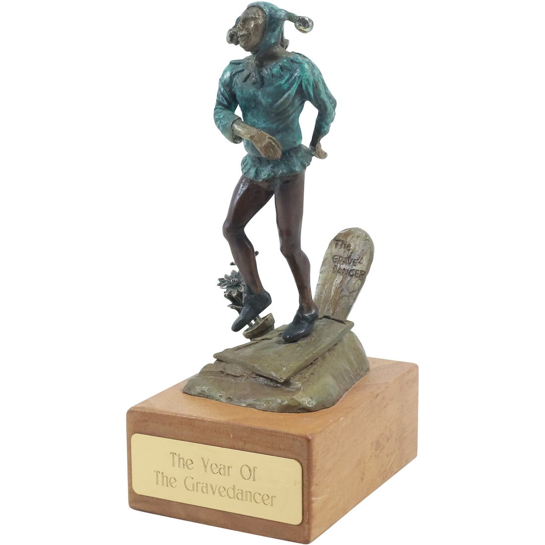 Michael Speaker, Bronze Jester, "The Year of the Gravedancer" Signed and # 107 / 1000: Michael Speaker, Bronze Jester, "The Year of the Gravedancer" Signed and # 107 / 1000. Mounted on a wood base with brass plaque. size: 8.25x4.75