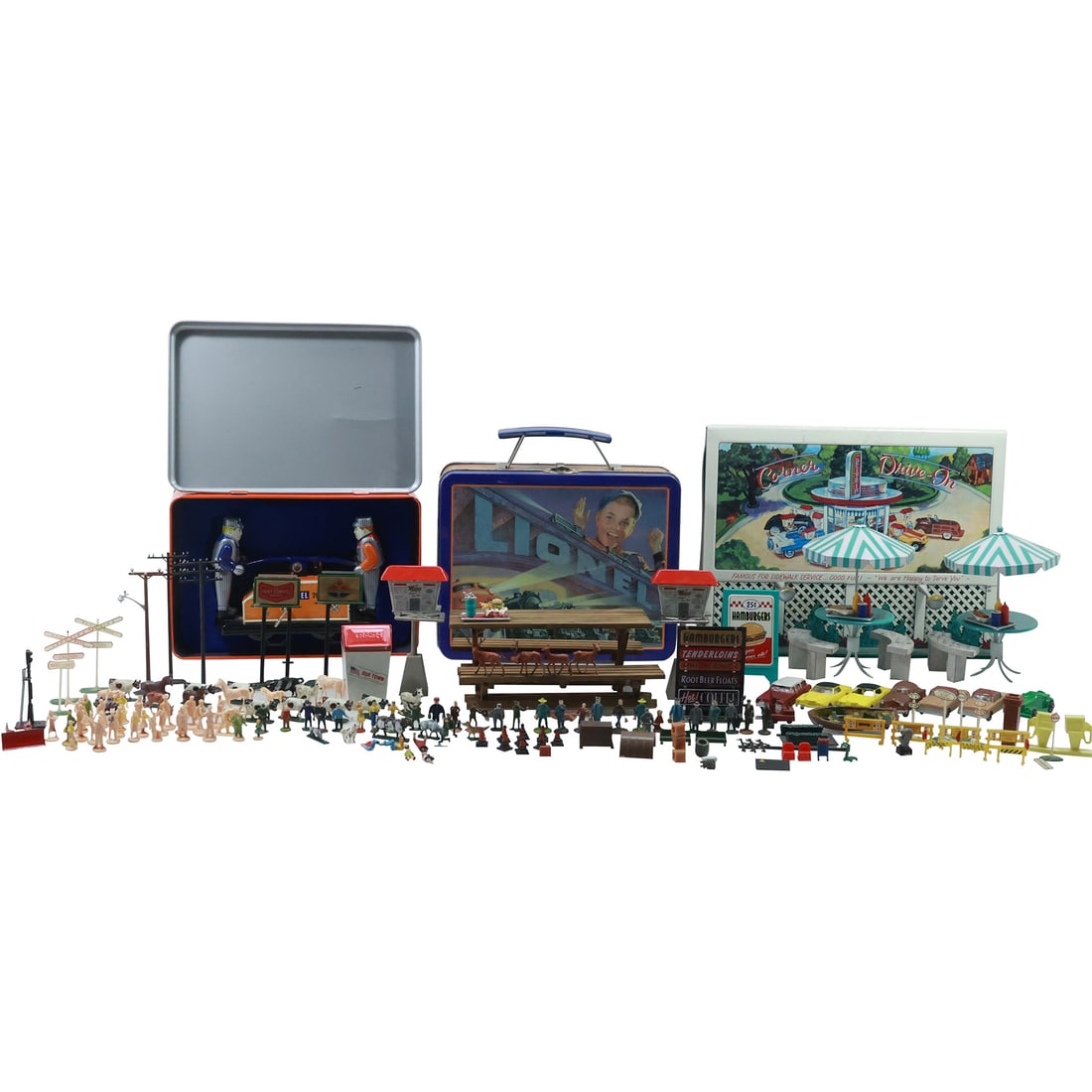 Train Railroad Toy Accessories: Many Assorted Figures, Hamburger Shack, Lionel Railcar in Box (1 of 20)