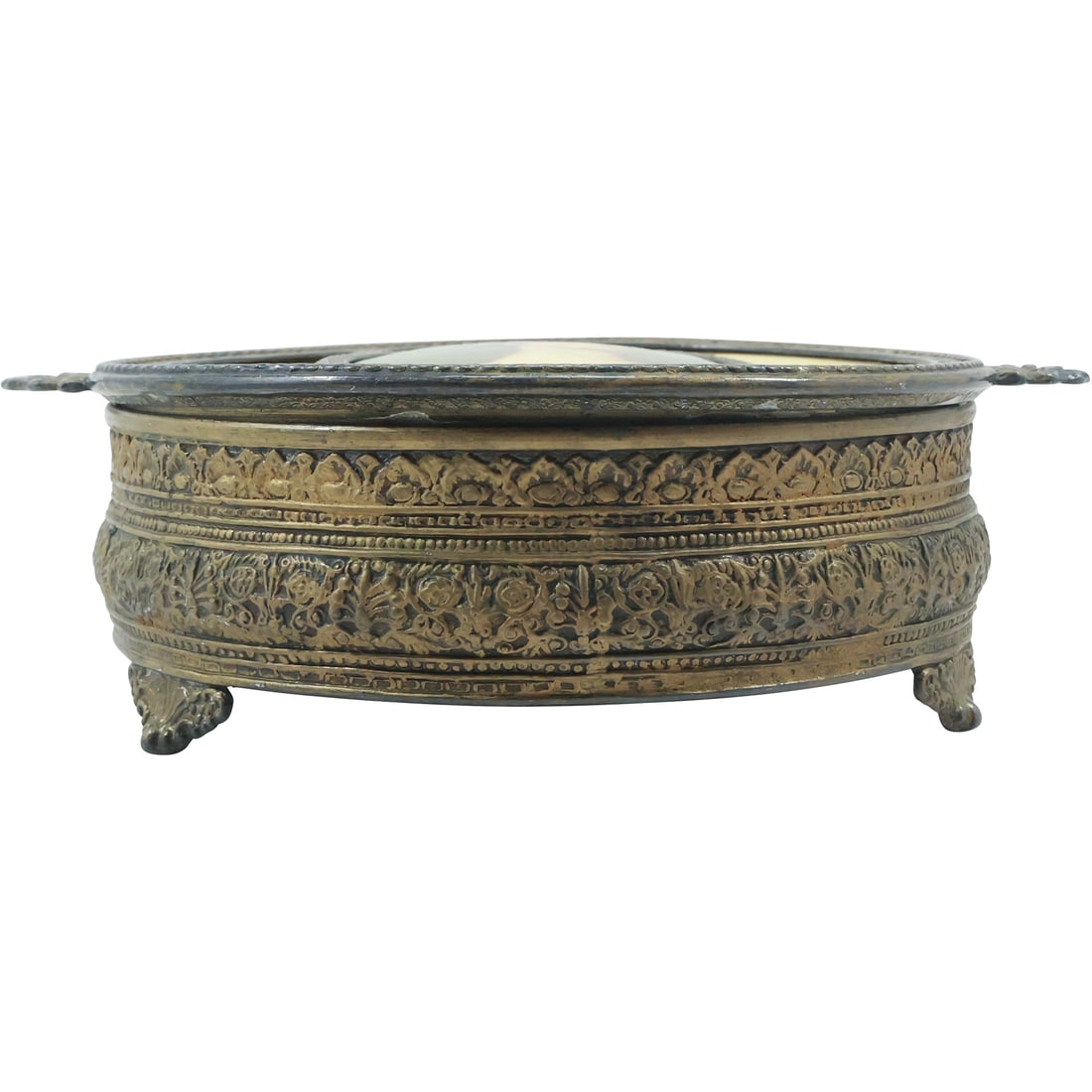 Circa 1930s Round Metal Dresser Box, Divided Glass Insert, Woman Portrait on Cover 8.5 in. (1 of 18)