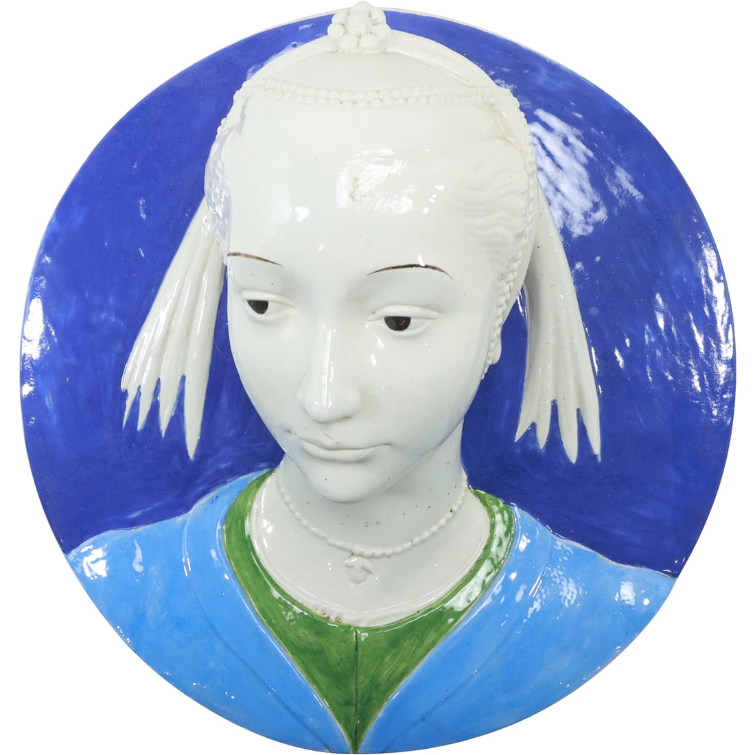 Della Robbia Style Sculpted Portrait Plaque of Jeweled Maiden Made in Italy (1 of 20)