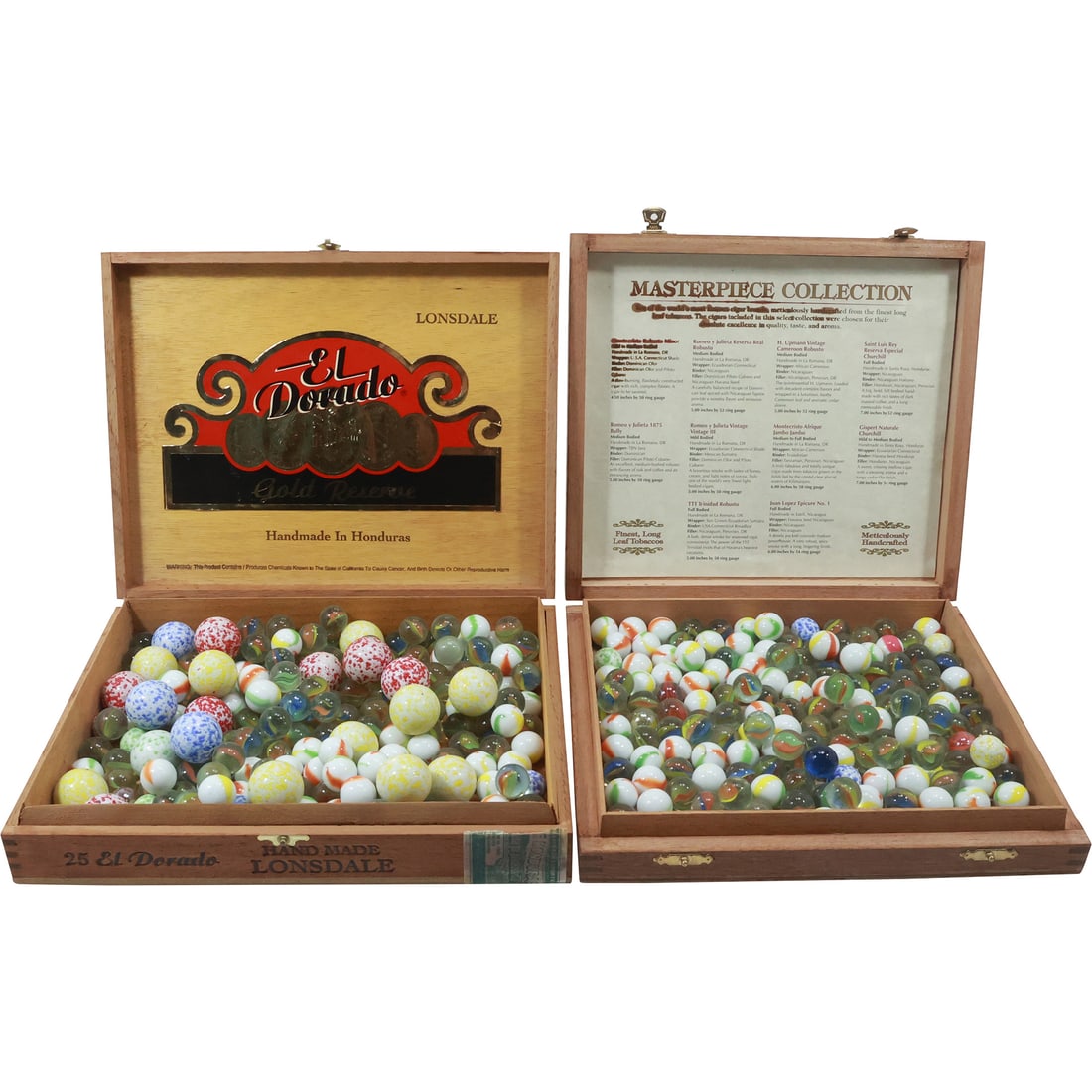 2 Cigar Boxes Full of Marbles: 2 Cigar Boxes Full of Marbles. size: 1.5x9x8.25, 1.75x9.75x7.5