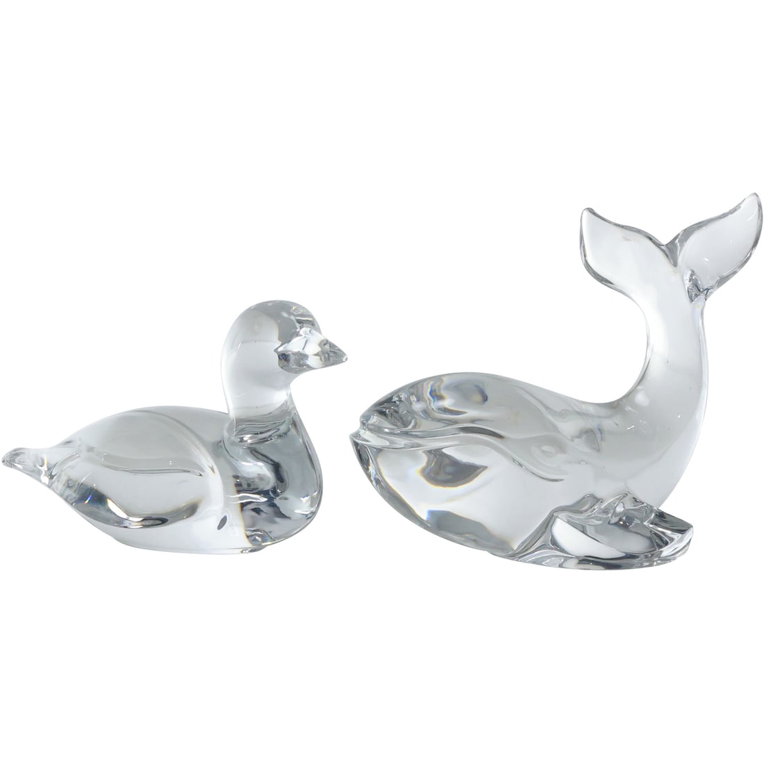 [2] VAL ST LAMBERT Crystal Art Glass Whale and Duck Figure Sculptures: [2] VAL ST LAMBERT Crystal Art Glass Whale and Duck Figure Sculptures. size: 4.75x9 (duck), 6.5x7.5 (whale)