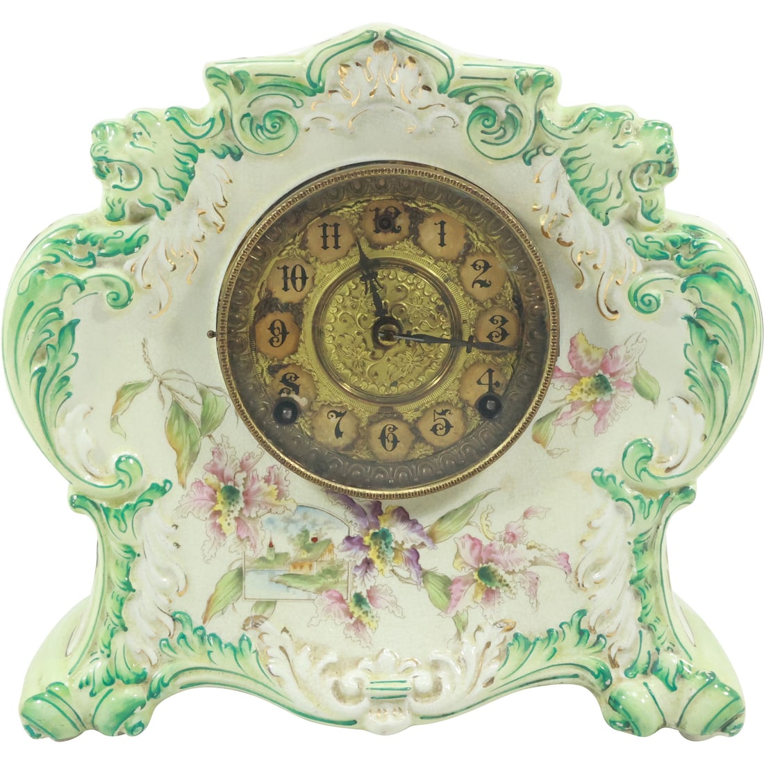 Antique Green and White Porcelain Case Mantle Clock, Brass Works, Key Wind 11 in. x 11 in. (1 of 20)