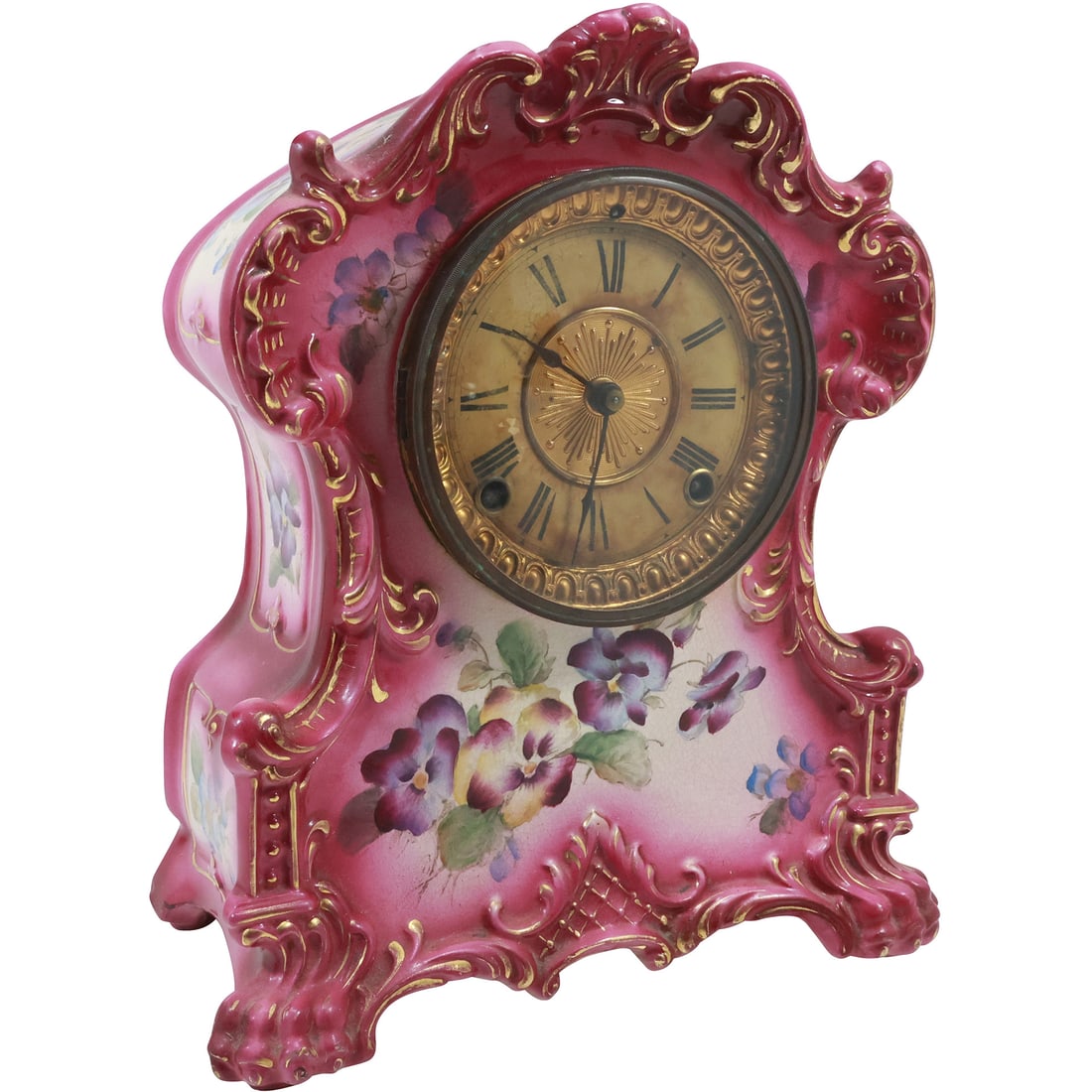 Antique ANSONIA Pink with Hand Painted Flowers Porcelain Case Mantle Clock "Wichita" 11.75 in. (1 of 19)