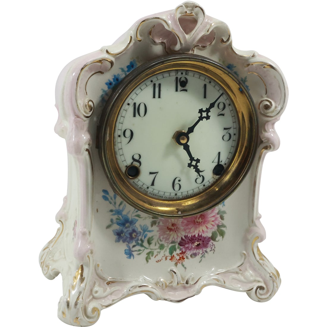 Royal Bonn Porcelain Case Mantle Clock, Sessions Dial, Works BO,  for Restoration 10.75 in. height (1 of 19)