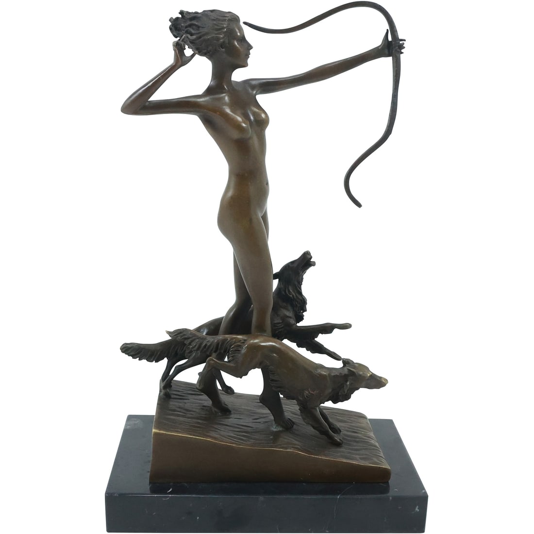 after Josef Lorenzl, Bronze Art Deco Nude Female Archer with Greyhound Dogs, Good Patina: after Josef Lorenzl, Bronze Art Deco Nude Female Archer with Greyhound Dogs, Good Patina. Mounted on a marble base. size: 11.25 in. height x 7 inches length ASKart: Josef Lorenzl (1892 - 1950) was act
