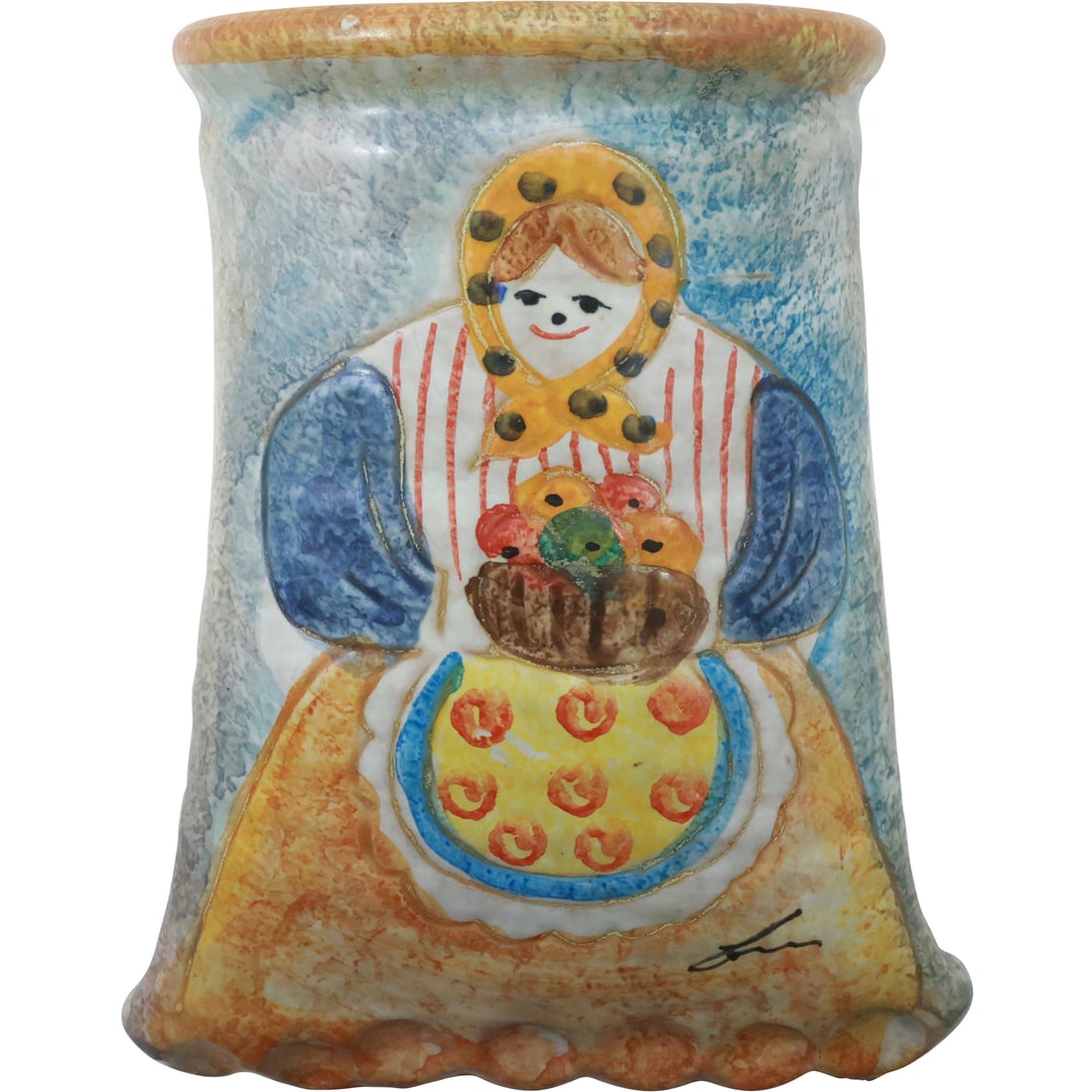 Vintage Italian Art Pottery Wall Pocket, Artist Signed, Woman with Basket of Fruit 7.75 in. x 6.25 (1 of 17)