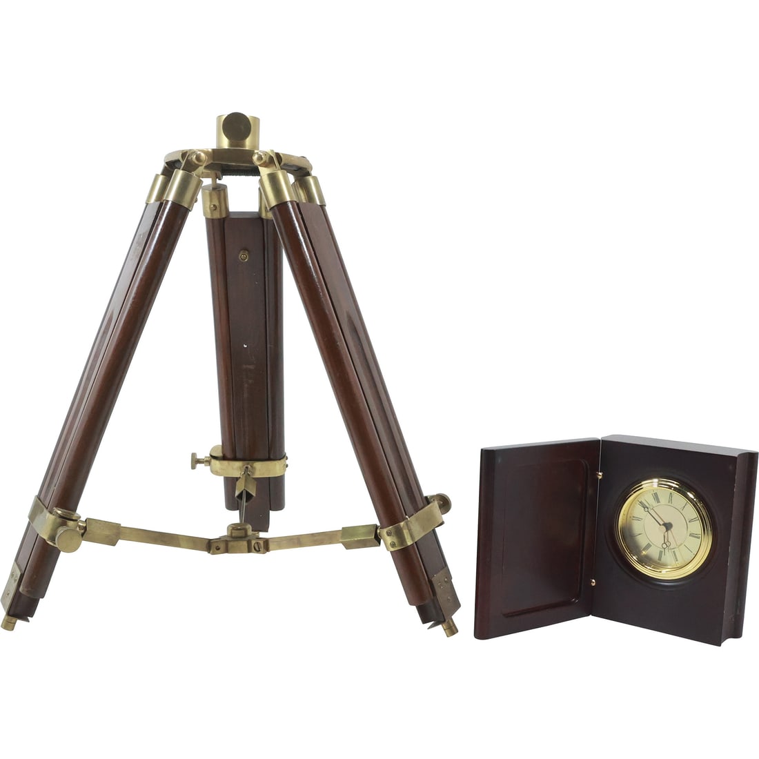 Adjustable Brass and Wood Tripod Stand and Travel Clock in Wood Case (1 of 20)