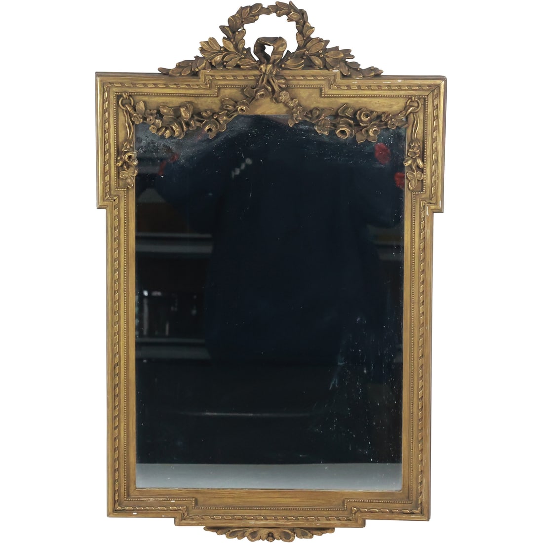Vintage Louis XVI Wood and Gesso Wall Mirror with Wreath Ribbon Crest 21.25 in. x 13.5 in.: Vintage Louis XVI Wood and Gesso Wall Mirror with Wreath Ribbon Crest 21.25 in. x 13.5 in. size: 13.5x21.25