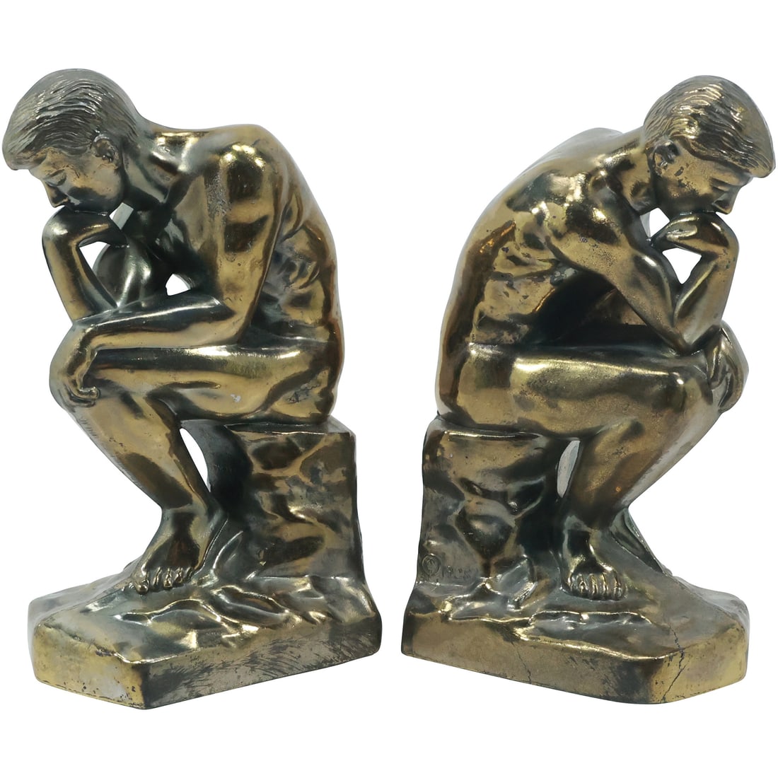 C 1928 Cast Gold Metal Rodin Thinker Bookend Set (1 of 19)