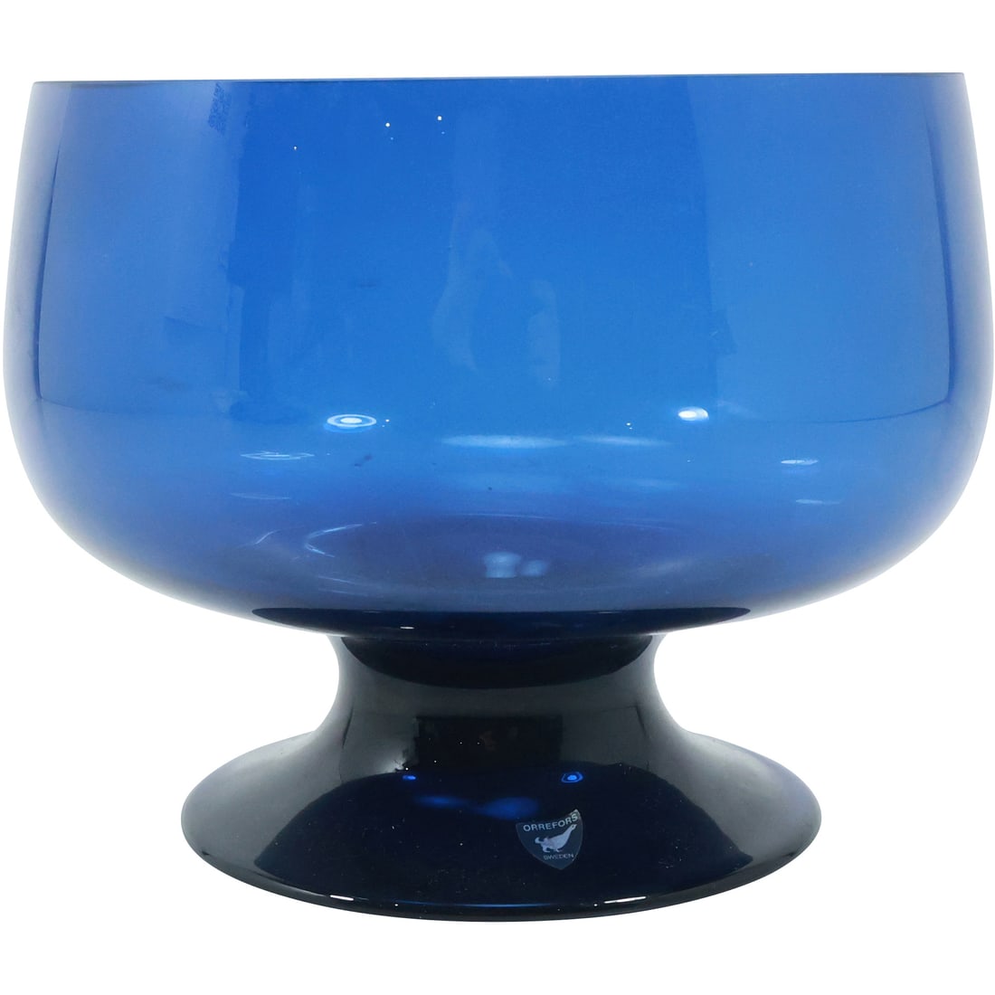 ORREFORS Sweden Blue Glass Pedestal Base Bowl 6 in. height x 7 in. diameter, Original Label: ORREFORS Sweden Blue Glass Pedestal Base Bowl 6 in. height x 7 in. diameter, Original Label. size: 6x7
