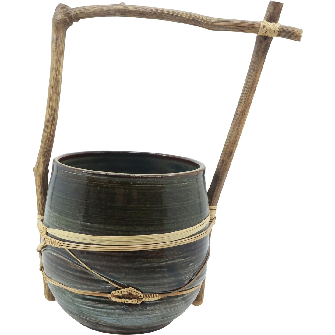 Studio Art Pottery Basket with Wooden Handle 12.25 in. height x 9.75 in. wide (1 of 20)