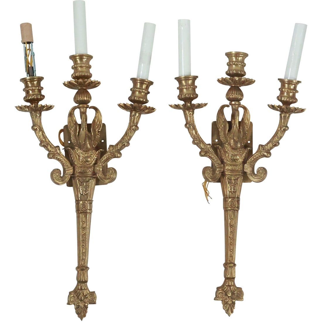 Pair Cast Bronze Neo Classical Swan Figural Triple Light Wall Sconces Electrified (1 of 20)