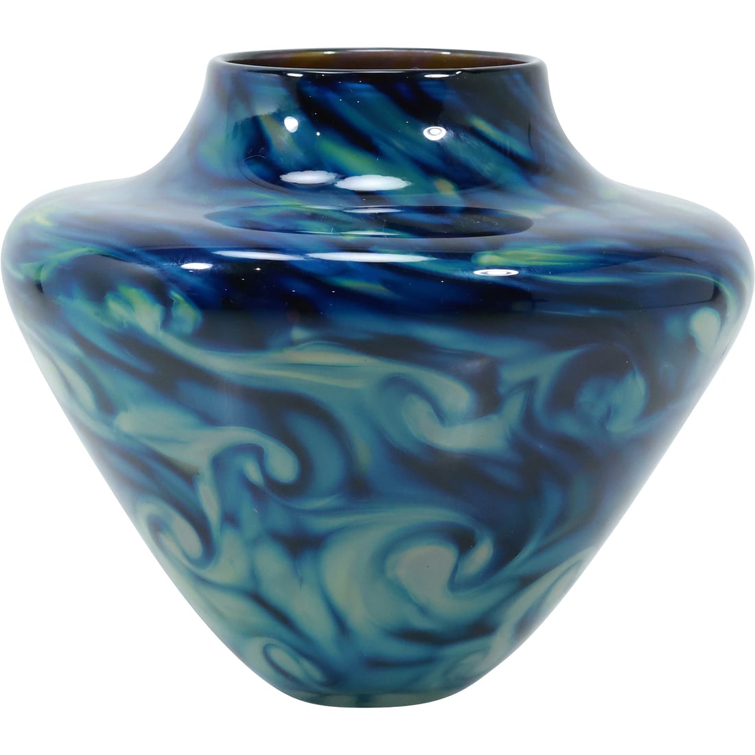 Signed Studio Art Glass Blue Swirl Vase 7.5 inches height x 8 inches wide (1 of 20)