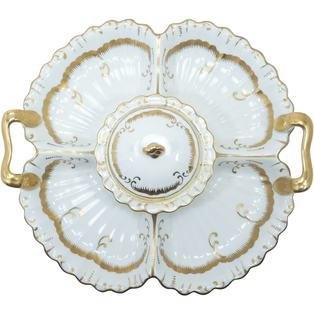 Fine Porcelain White and Gold Divided Serving Tray with Covered Bowl Center 13.5 in. length (1 of 18)