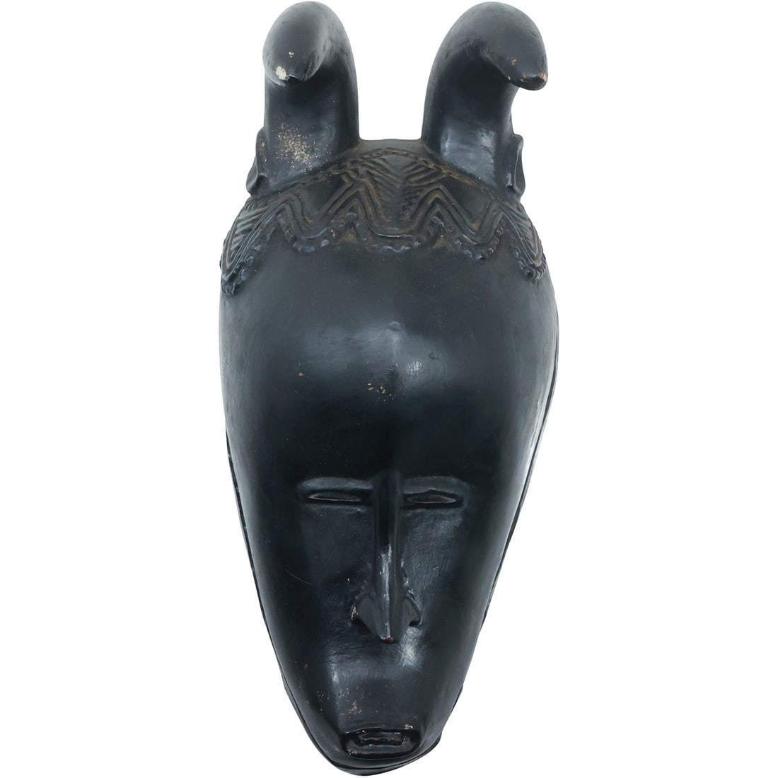 Vintage Carved Wooden African Ceremonial Mask with Horns Black Ebony Finish 11.25 in. length (1 of 16)