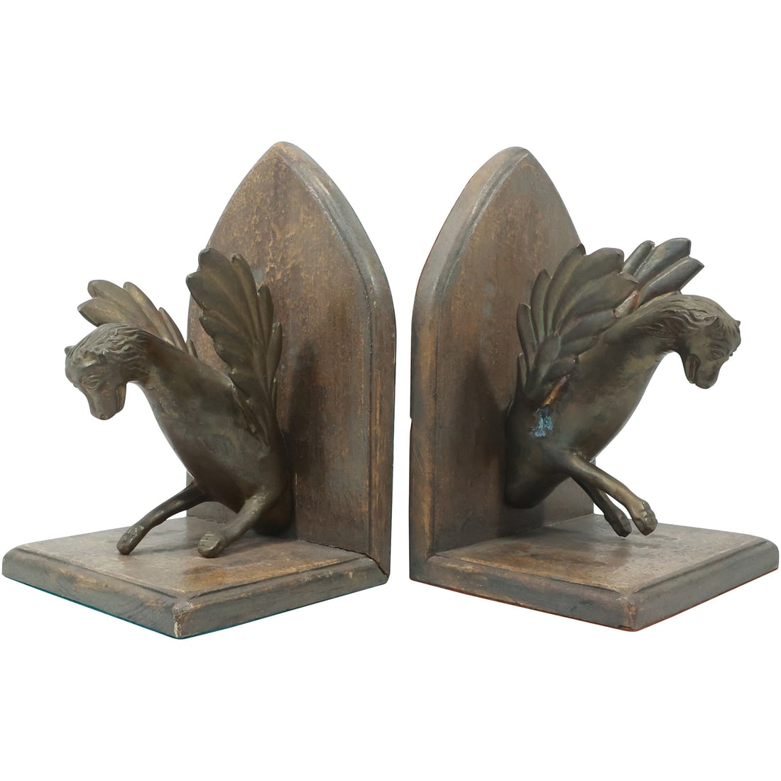 Allegorical Winged Griffin Bookends Cast Metal Figures on Wood Base & Back: Allegorical Winged Griffin Bookends Cast Metal Figures on Wood Base & Back. size: 8.5x5.75