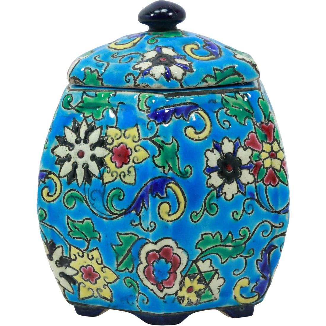 Longwy French Faience Enameled Pottery Small Covered Jar 4.25 in. height x 3.5 in. wide (1 of 20)