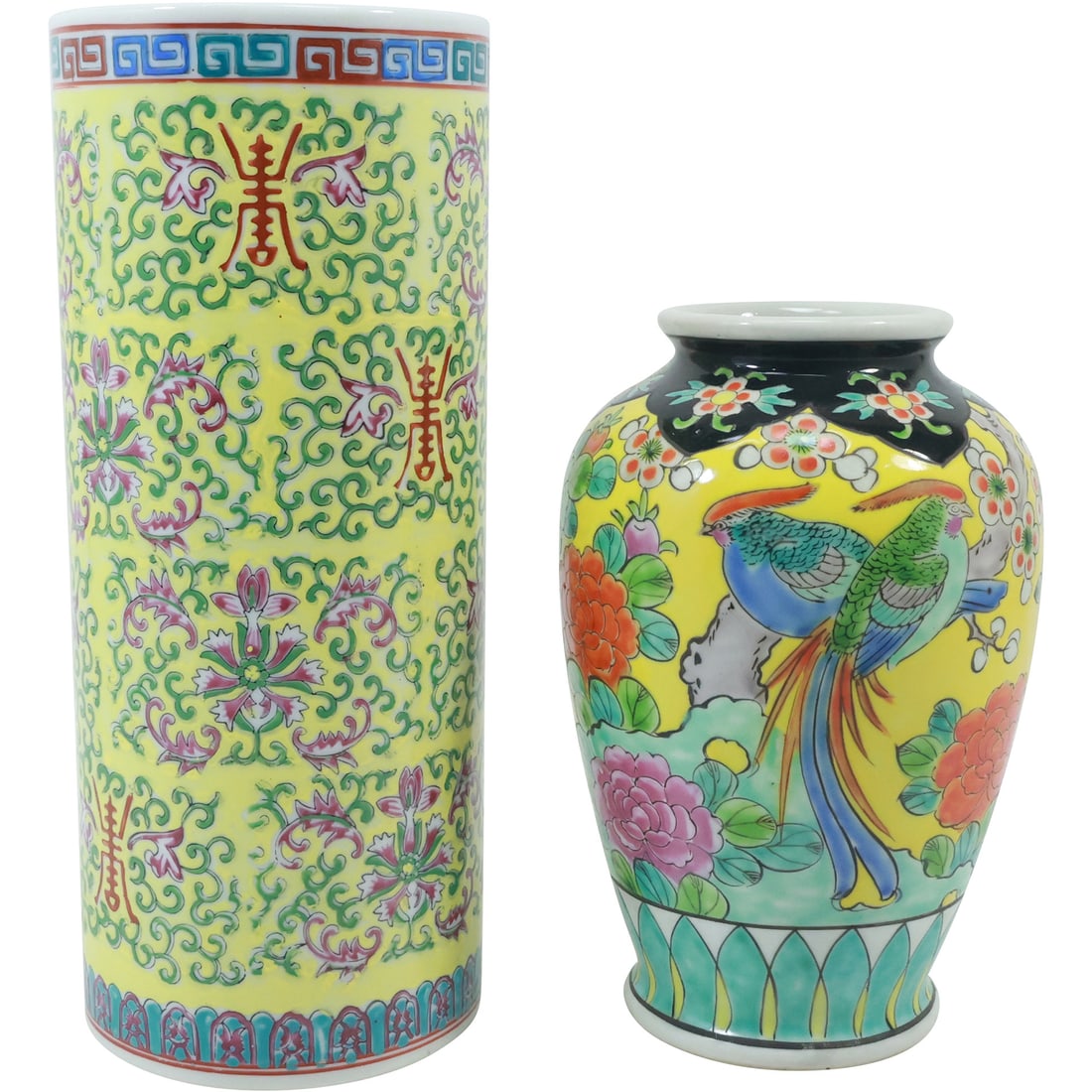 2 Japanese Decorated Porcelain Vases 10 in. height and 7.5 in. height: 2 Japanese Decorated Porcelain Vases 10 in. height and 7.5 in. height. size: 10x4.25 (tall slim), 7.5x4.5 (shorter wide)