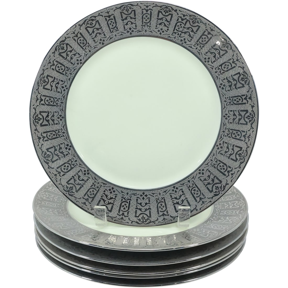 Set of 6 Fine Furstenberg - German Dinner Plates with Wide Silver Rim Border 11 inches diameter: Set of 6 Fine Porcelain Dinner Plates with Wide Silver Rim Border 11 inches diameter. size: .75x11