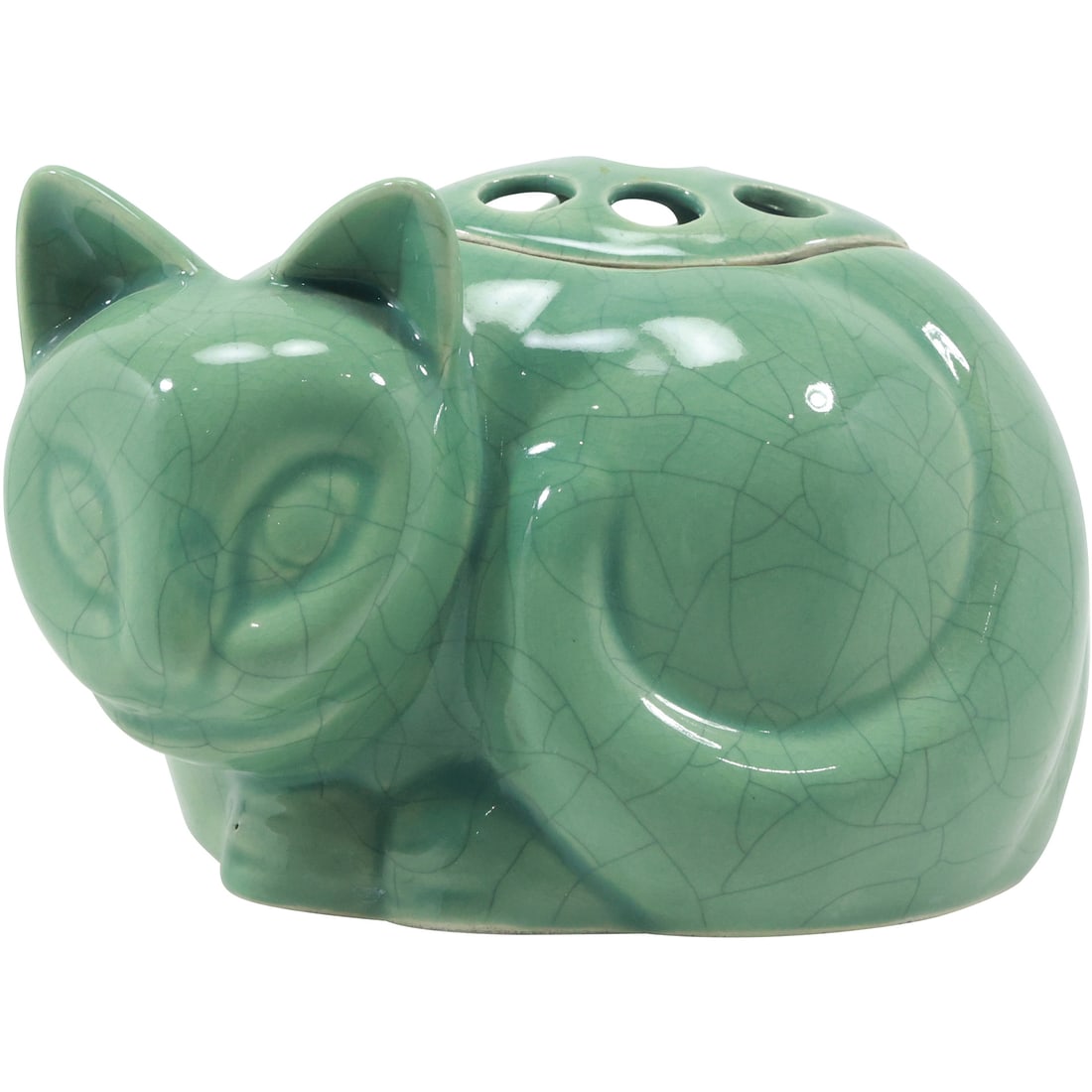 1979 Nancy Lopez Inc Kitty Cat Crackle Glaze Green Cat Kitty 4.25 in. height x 7 in. length (1 of 16)