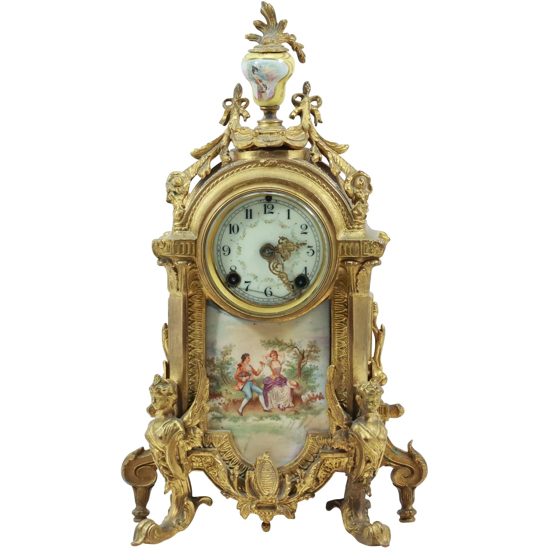 New Haven Clock Co French Case Bronze Mantle Clock with Porcelain Genre Scene 15 in. height (1 of 20)