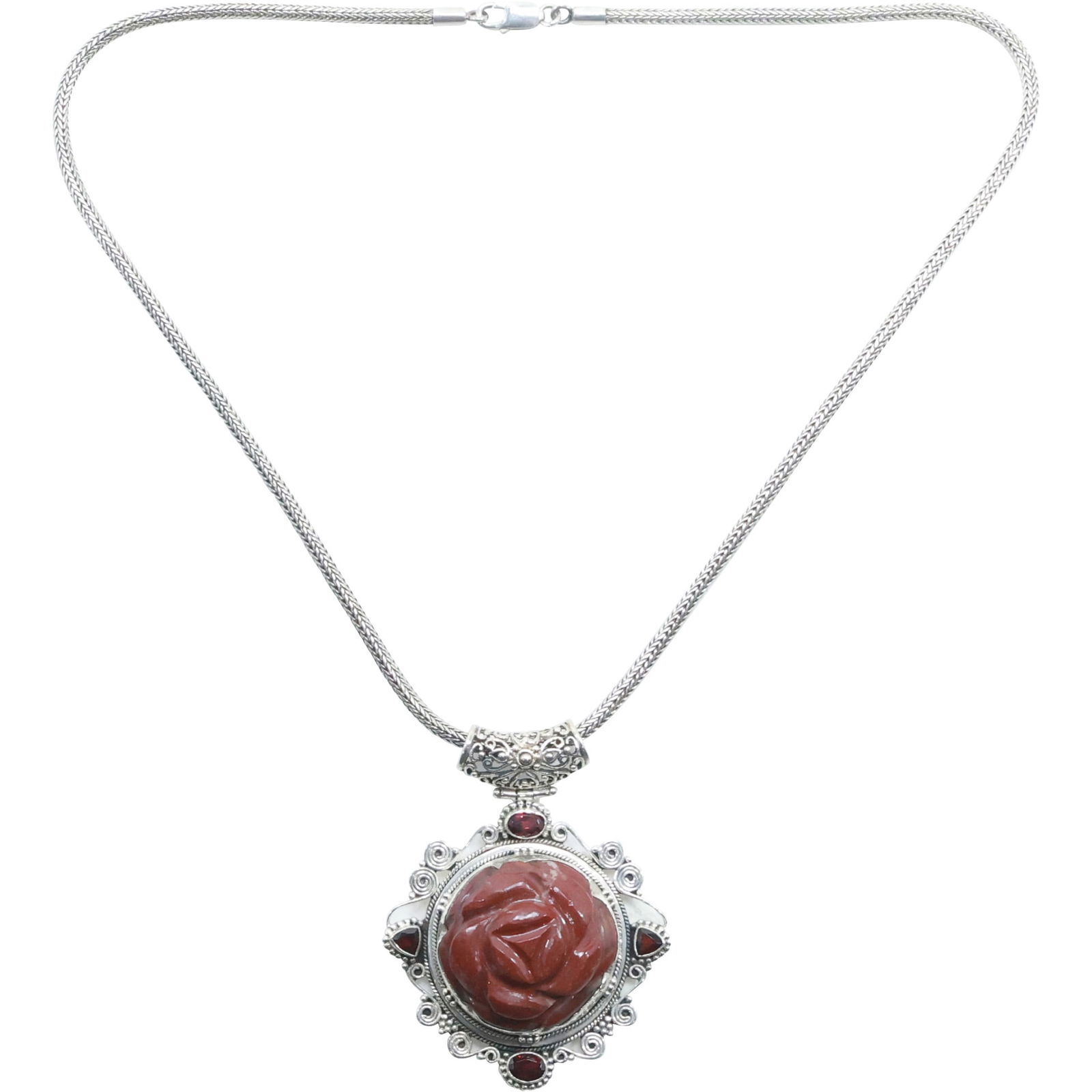 Gorgeous .925 Sterling Silver with Garnets and Agate Flower Pendant Necklace on 24 in. Wheat Chain (1 of 20)