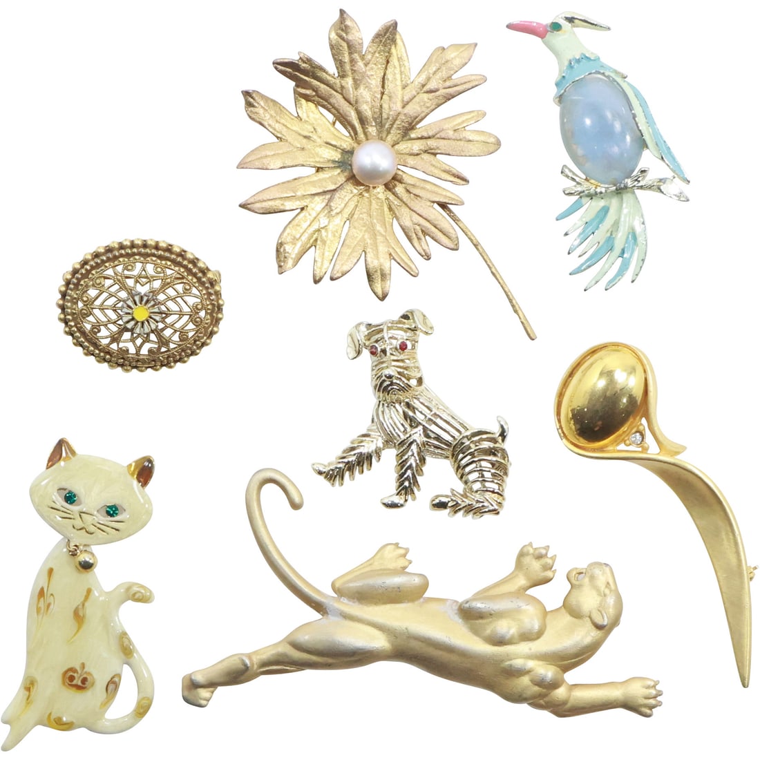 7 Assorted Pins: Gold Tone with Rhinestone; Flower Gold Tone with Pearl Pin; Gold Tone with Enameled (1 of 20)