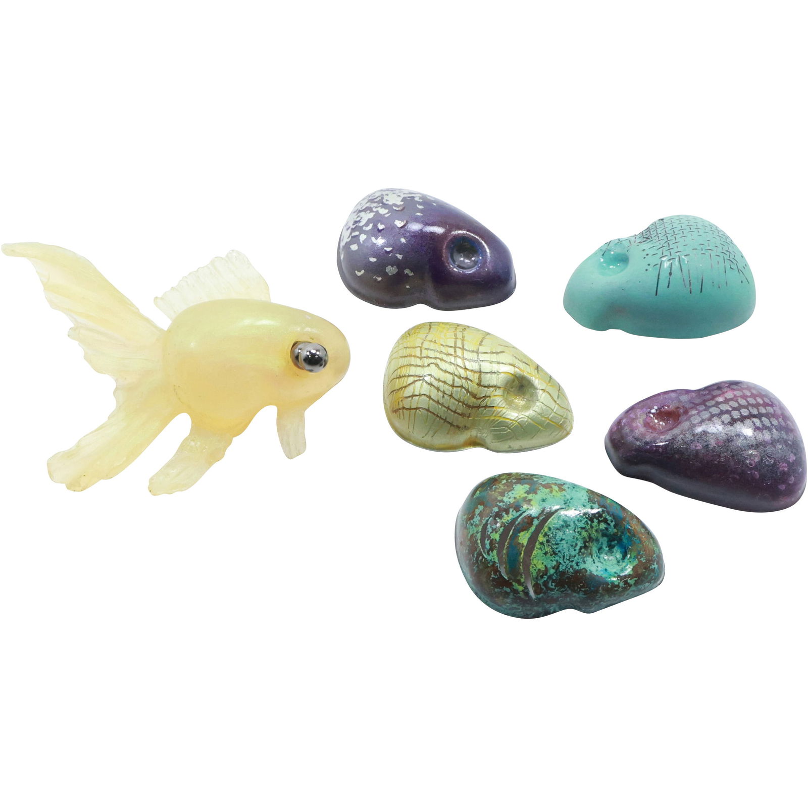 Rare and Unusual Grouping: Yellow Iridescent Koi Fish Pin with Changeable Body [5] ;: Rare and Unusual Grouping: Yellow Iridescent Koi Fish Pin with Changeable Body [5] 3 1/2 in. x 2 1/2 in. ; parts held on with magnet. Body parts are Copper, Enameled. 1 3/4 in. x 1 1/4 in.