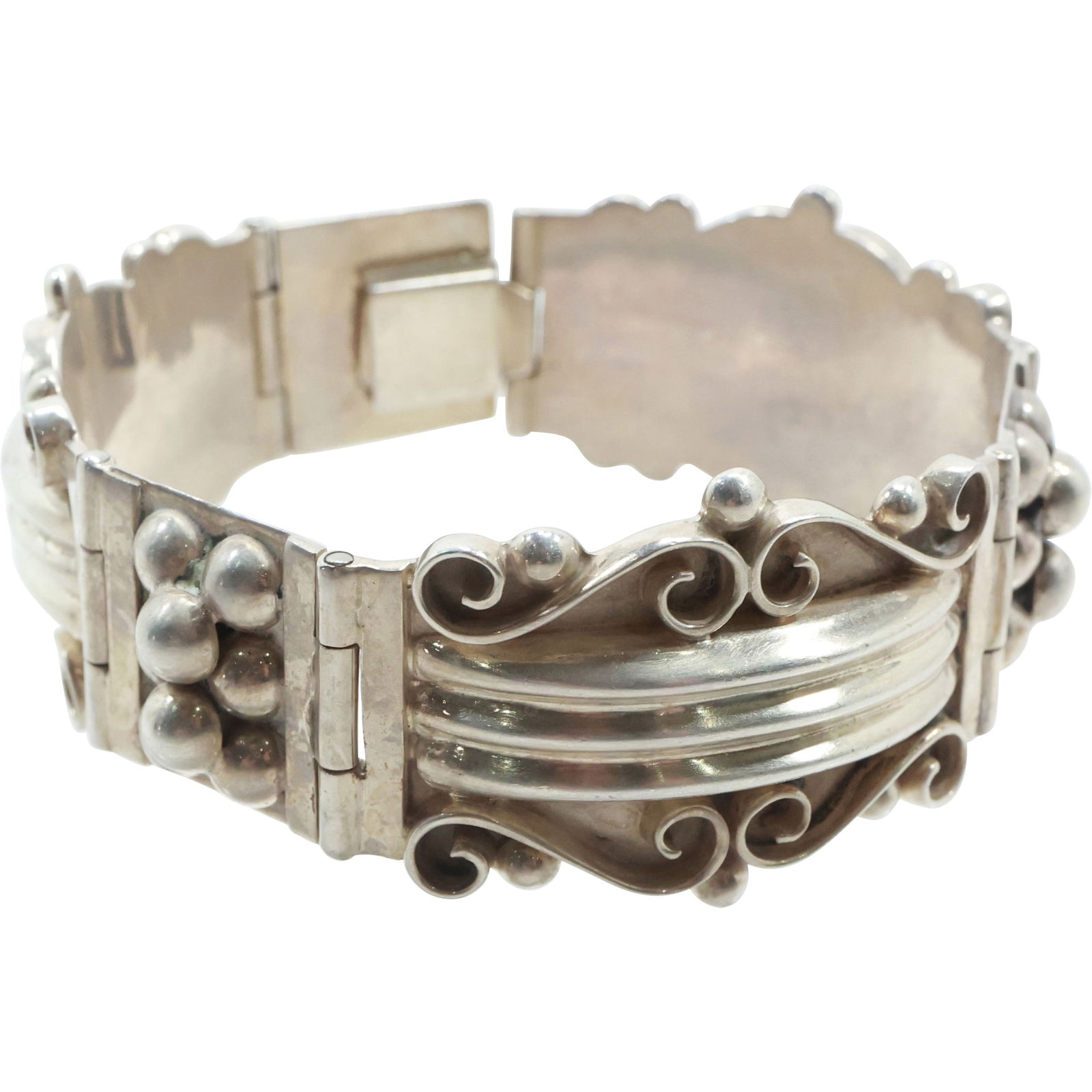 C-11 .925 Mexico Sterling Silver Bracelet with Scrolls, Grooves, Beading Balls 8 in. x 1 1/4 in. (1 of 20)