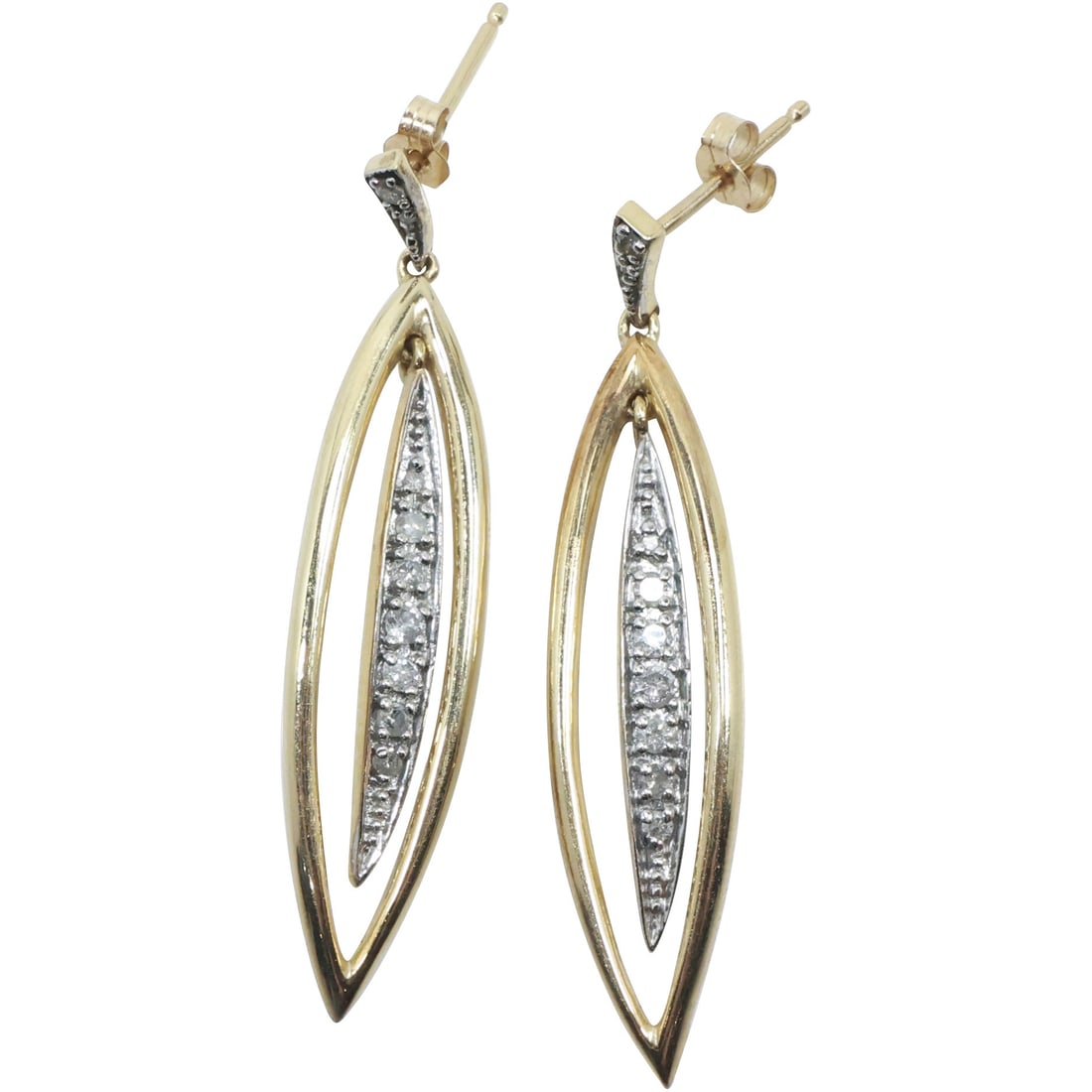 10K GOLD with DIAMONDS Feather Drop Earrings 1 5/8 in. x 3/8 in. (1 of 16)