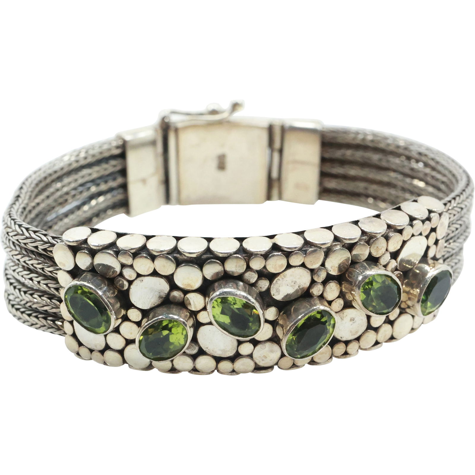 .925 Sterling Silver with 6 Peridots, Center Band has Nugget Design Bracelet 7 3/4 in. x 3/4 in. (1 of 19)