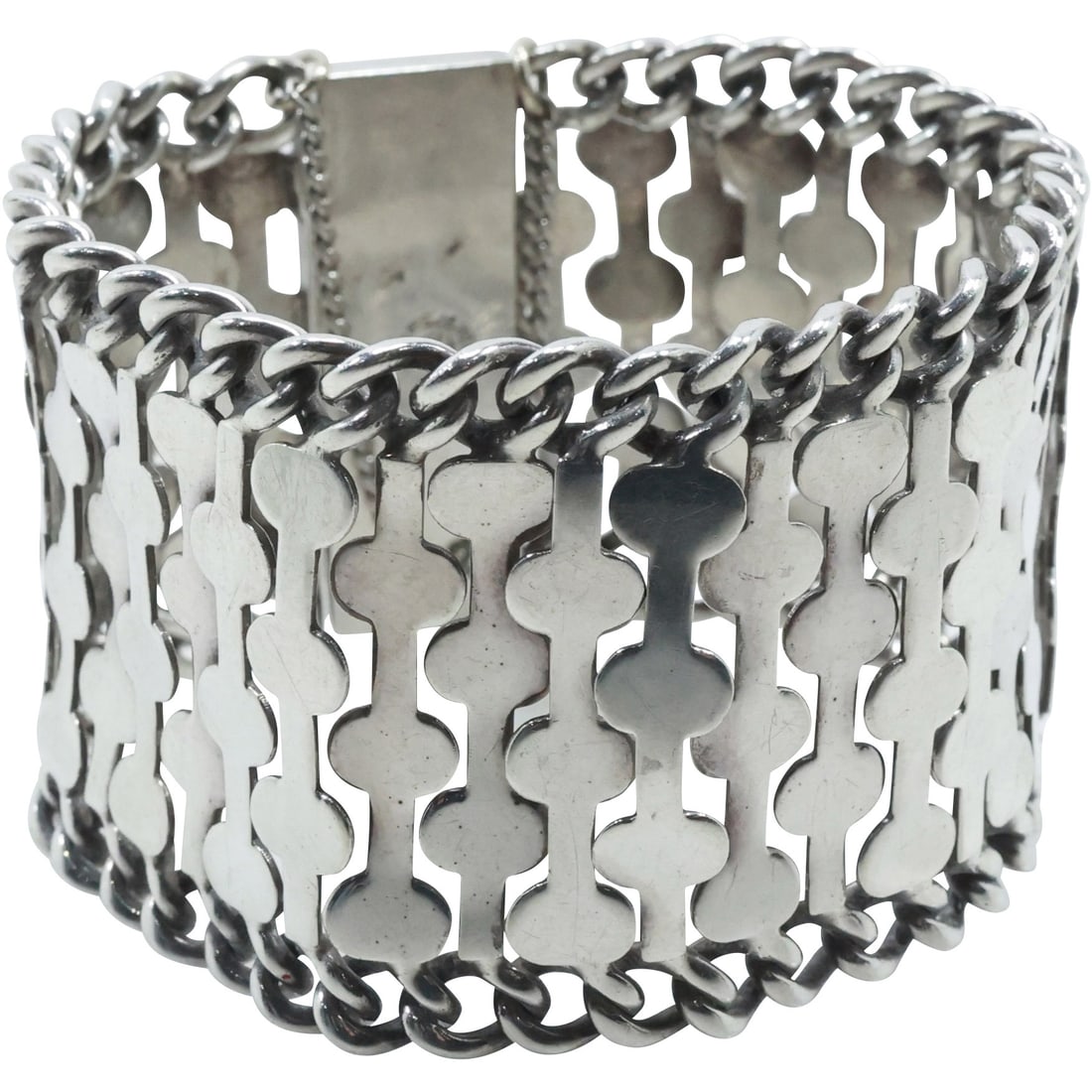 .925 Mexico Sterling Silver Cut-out Bars with Chain Link Edging Bracelet with Safety Clasp (1 of 20)