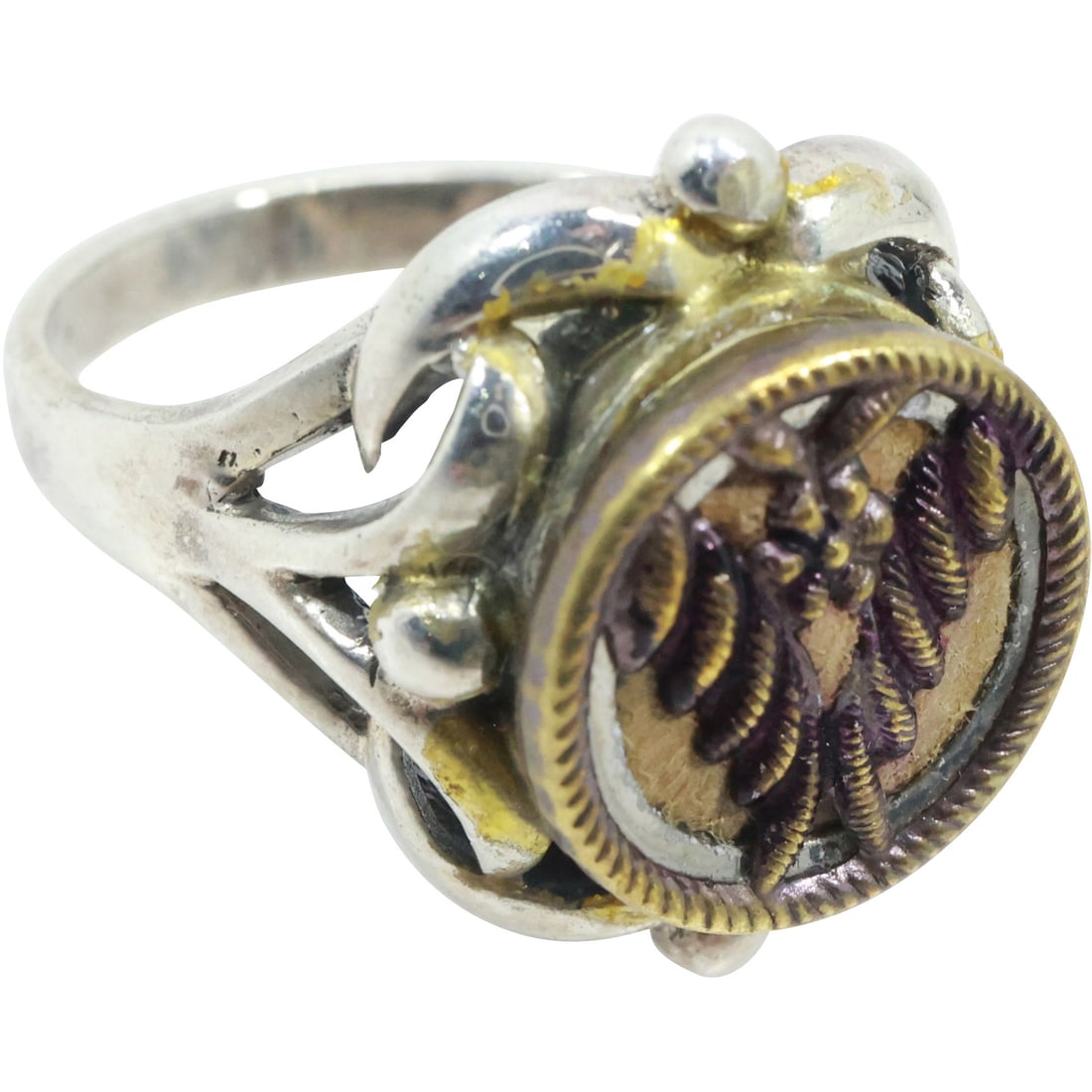 Early 1800s Sterling Silver and Brass Mourning Ring with Hair, Ring Size 9 , 3/4 in. x 7/8 in. (1 of 20)