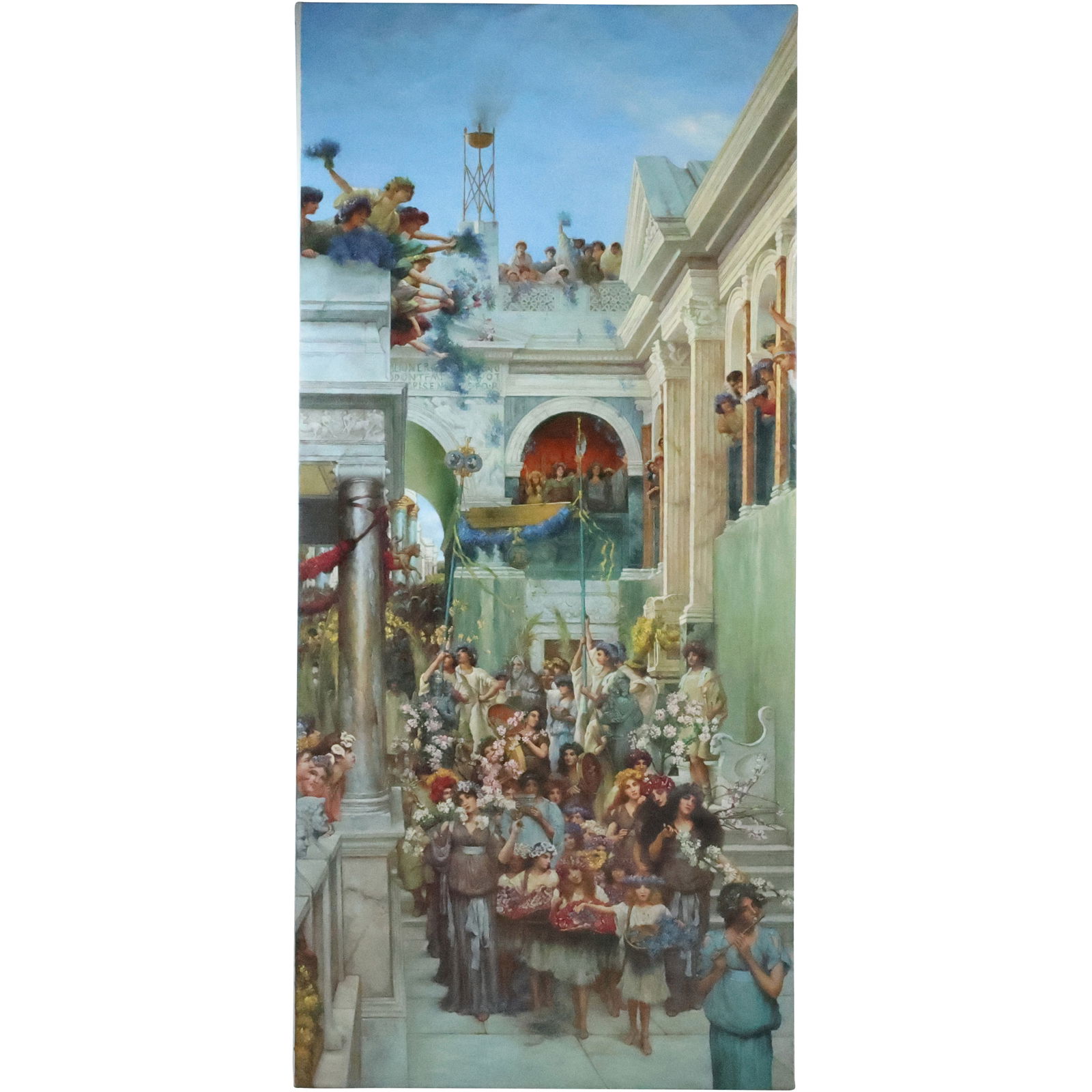 Fabulous "Spring" by Sir Lawrence Alma-Tadema Simulacrum Painting on Canvas 70 in. x 31 in.: Presenting a magnificent simulacrum of "Spring," originally painted by the renowned Victorian artist Sir Lawrence Alma-Tadema. This exquisite piece, meticulously recreated by hand is an actual paintin