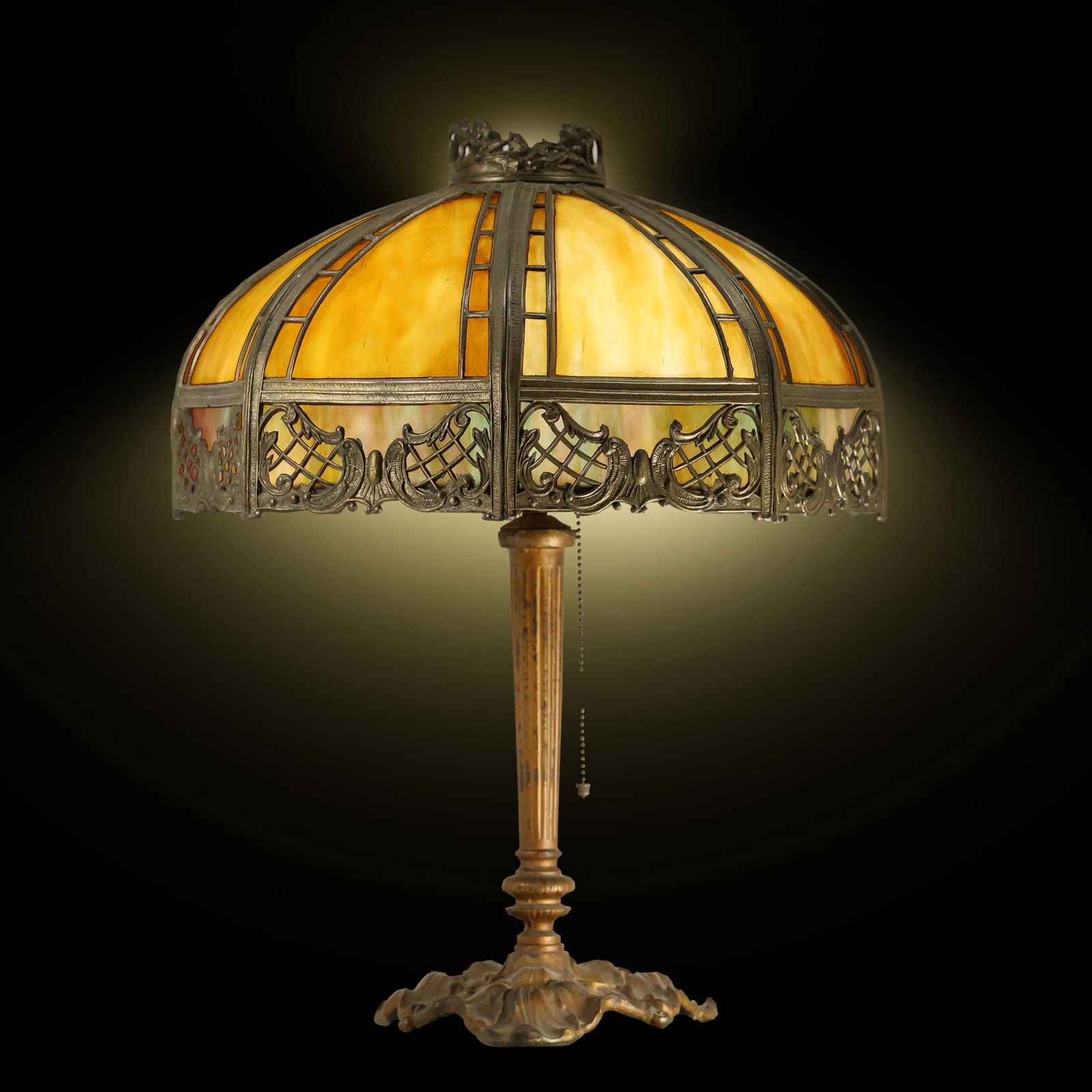 8-Panel Antique Miller Lamp Co. Art Nouveau Flowers Curved Slag Glass Table Lamp (1 of 20)