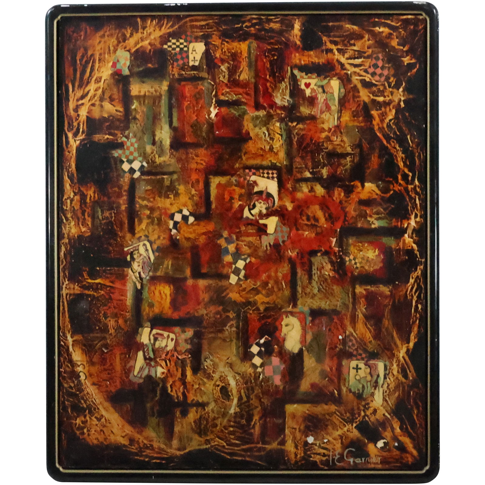 Signed I E GARNIER, Quality Mixed Media Abstract Painting with Playing Cards, Framed (1 of 20)