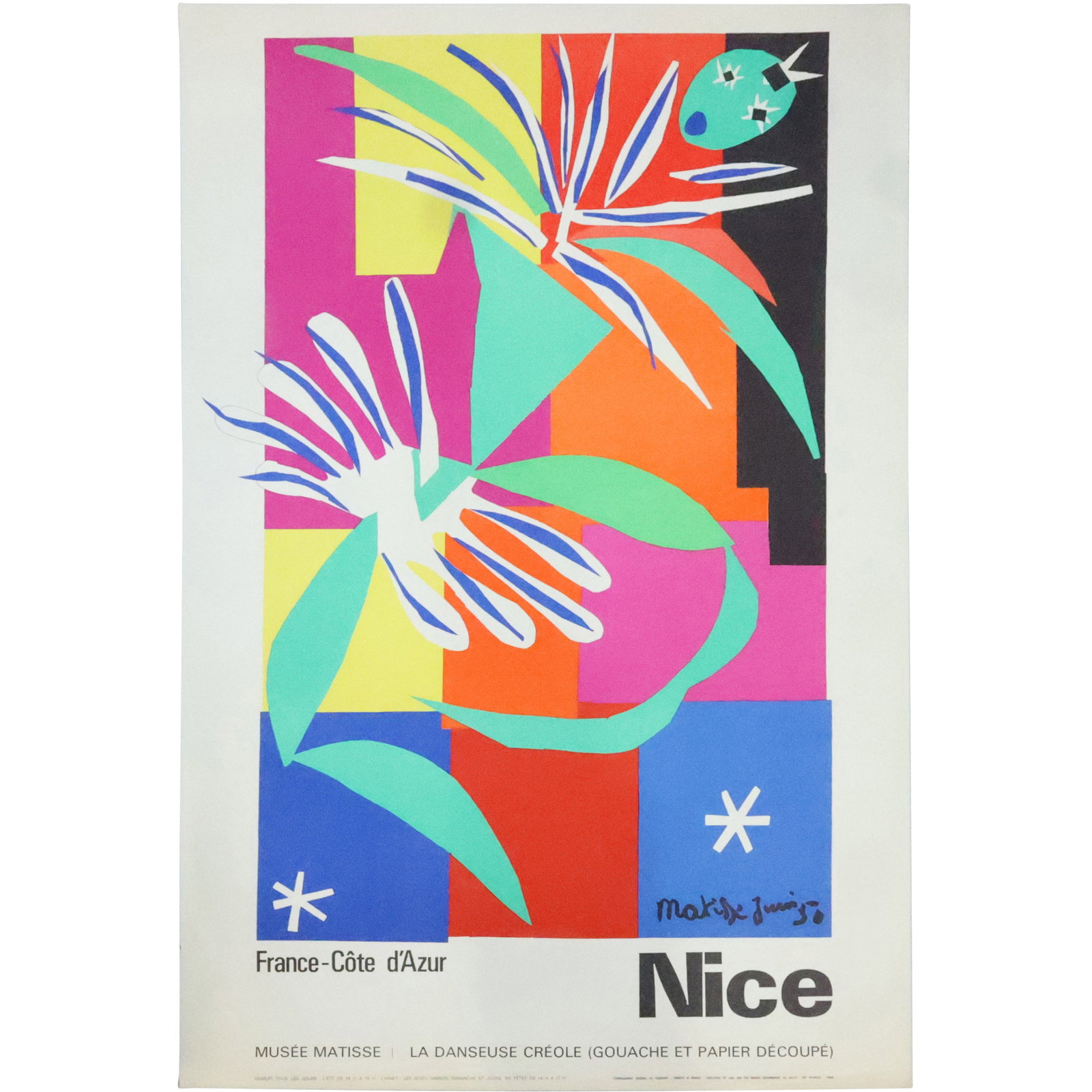 Henri Matisse, NICE, La Danseuse Creole, Original French Travel Poster, Colorful: This vibrant and colorful travel poster, titled "NICE, La Danseuse Creole," was created by the renowned French artist Henri Matisse. The poster features a stunning depiction of abstract shapes and viv