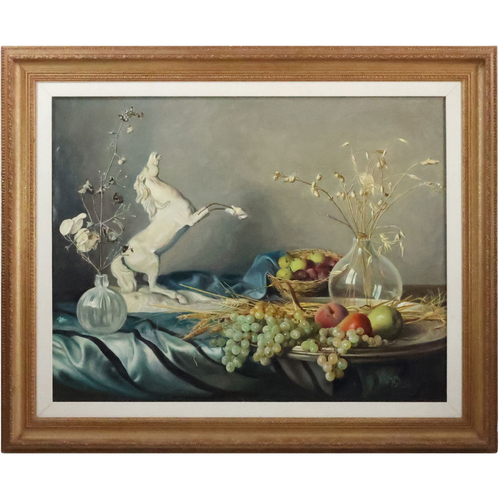 Walter Benoldi [1914-1985 Italy] Oil on Canvas Painting Still Life Horse Statue, Grapes, Fruit (1 of 20)