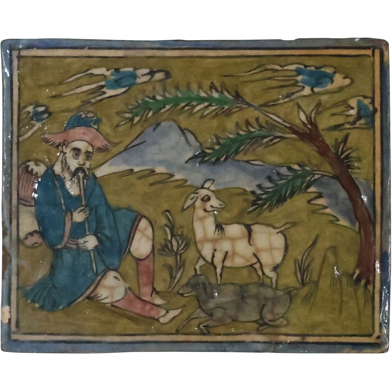 Antique Glazed Ceramic Tile, Qajar Dynasty or Late Ottoman Empire (1 of 20)