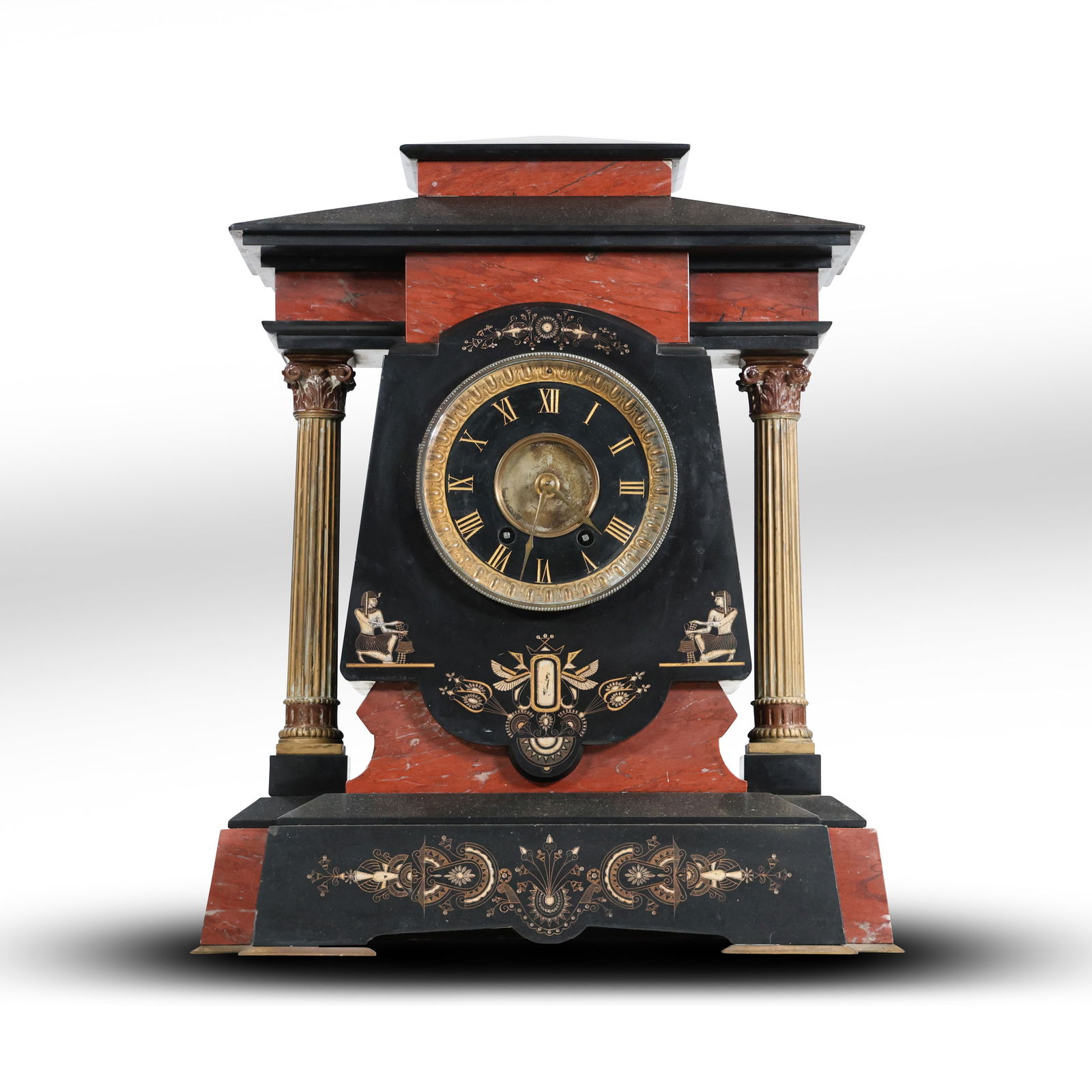 Late 19th-Century French Egyptian Revival Mantle Clock with Roman Pillars, Circa 1880 (1 of 20)
