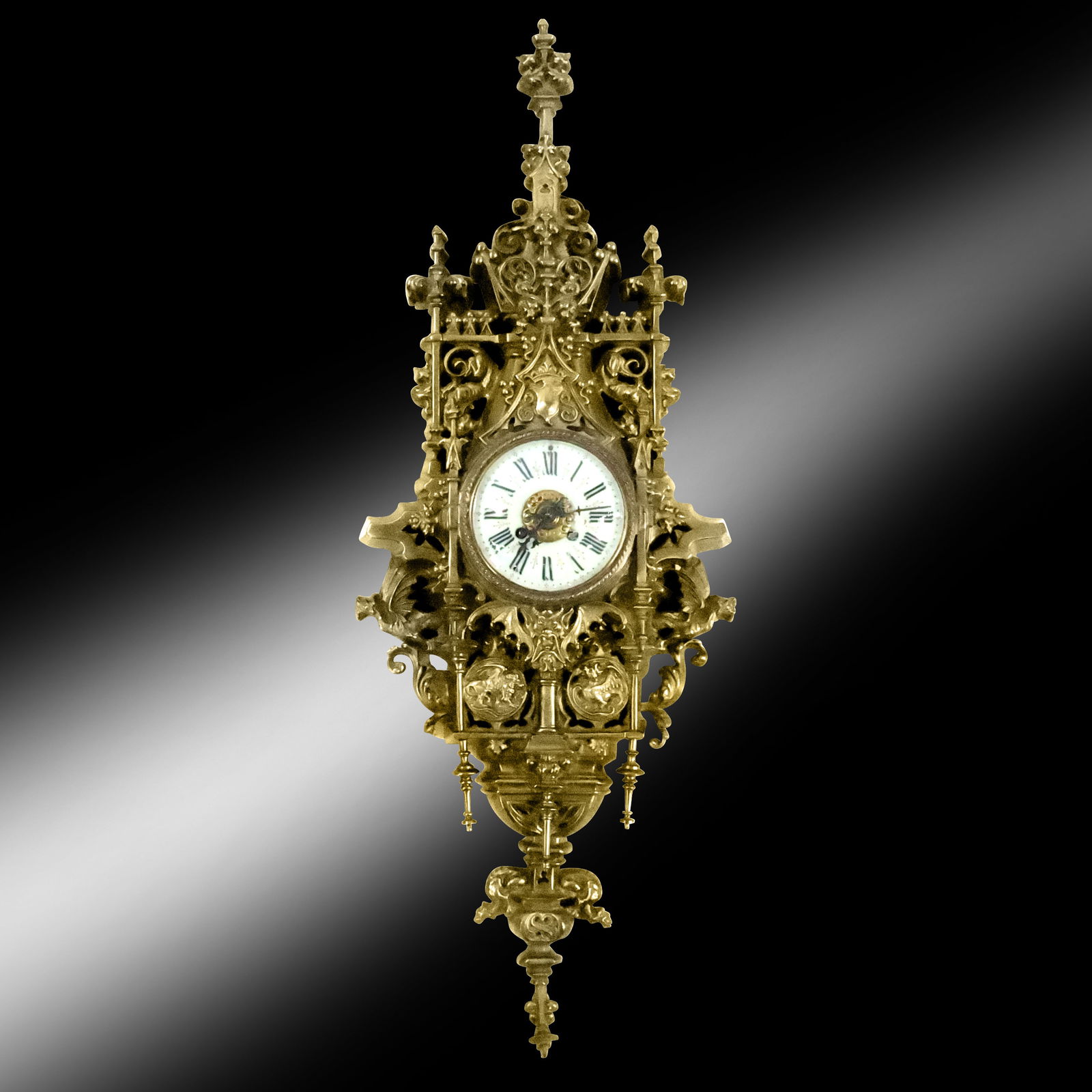 French Gothic Revival Gilt Bronze Cartel Clock (1 of 19)
