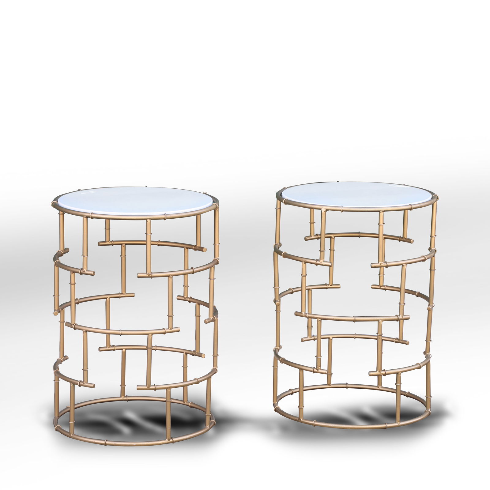 Round Bamboo Stylized Metal Brass Side Tables with Cultured Beveled Marble Tops (1 of 13)