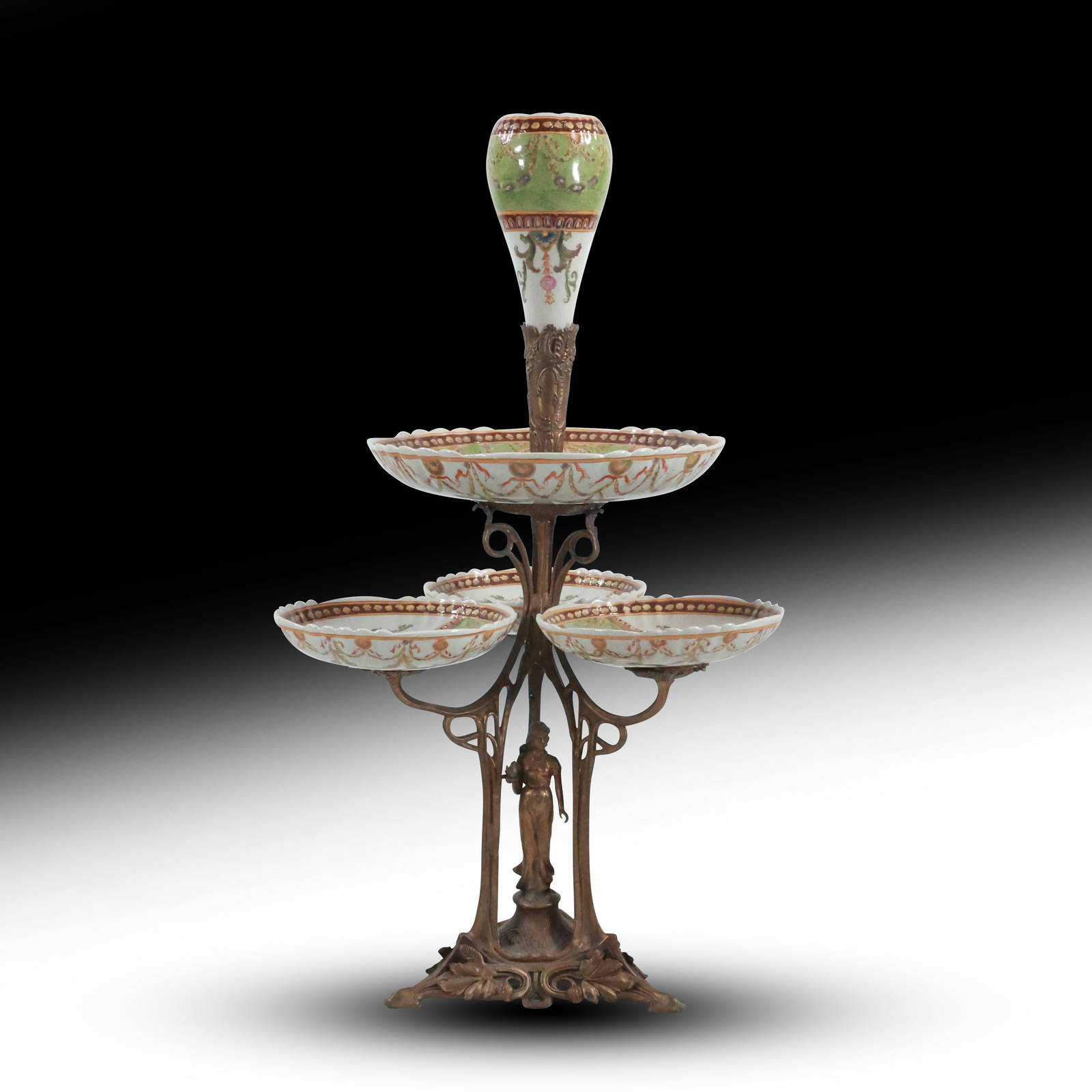 Castilian Imports Rococo Style Porcelain And Brass 3 Tiered Centerpiece