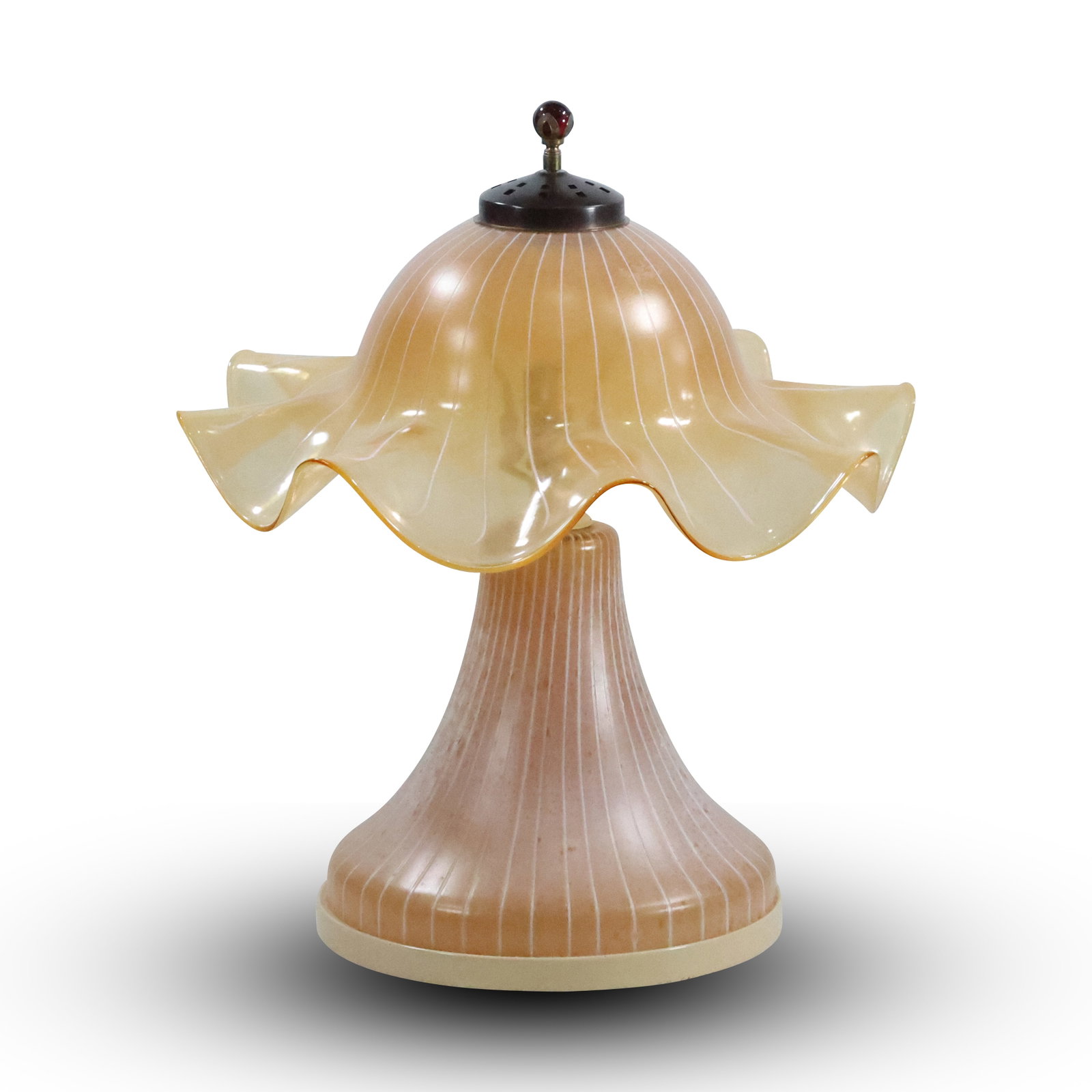 Vintage Mid-Century Modern Murano Glass Mushroom Lamp with Ruffled Lampshade: Elevate your interior décor with this stunning vintage Murano glass mushroom lamp, attributed to the celebrated glass artists Dino Martens or John Ditchfield. This exquisite piece exemplifies the ele